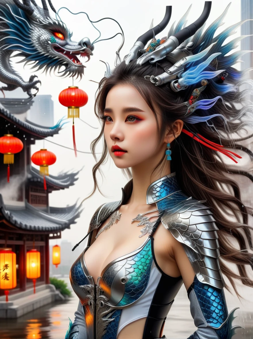Works of Chinese style masters, shining, Traditional Chinese ink painting, willow branches, Wu Changshuo, 1 girl, small breasts, beautiful detailed eyes, beautiful detailed cyberpunk city, flat chest, beautiful detailed hair, wavy hair, beautiful detailed street, mecha clothes, robot girl, cool movement, silver bodysuit, (filigree), dragon wings, colorful background, a dragon stands behind the girl, rainy days, (lightning effect), beautiful detailed silver dragon armor, (cold face), composition, Dazzling colors, Stunning visual effects, otherworldly appearance, Fascinating artistry, eyes on the audience, high resolution, Super detailed, lifelike, illustration, first-person view, ((masterpiece)), best quality, anatomically correct, ccurate, 8k, best quality, 8K, masterpiece