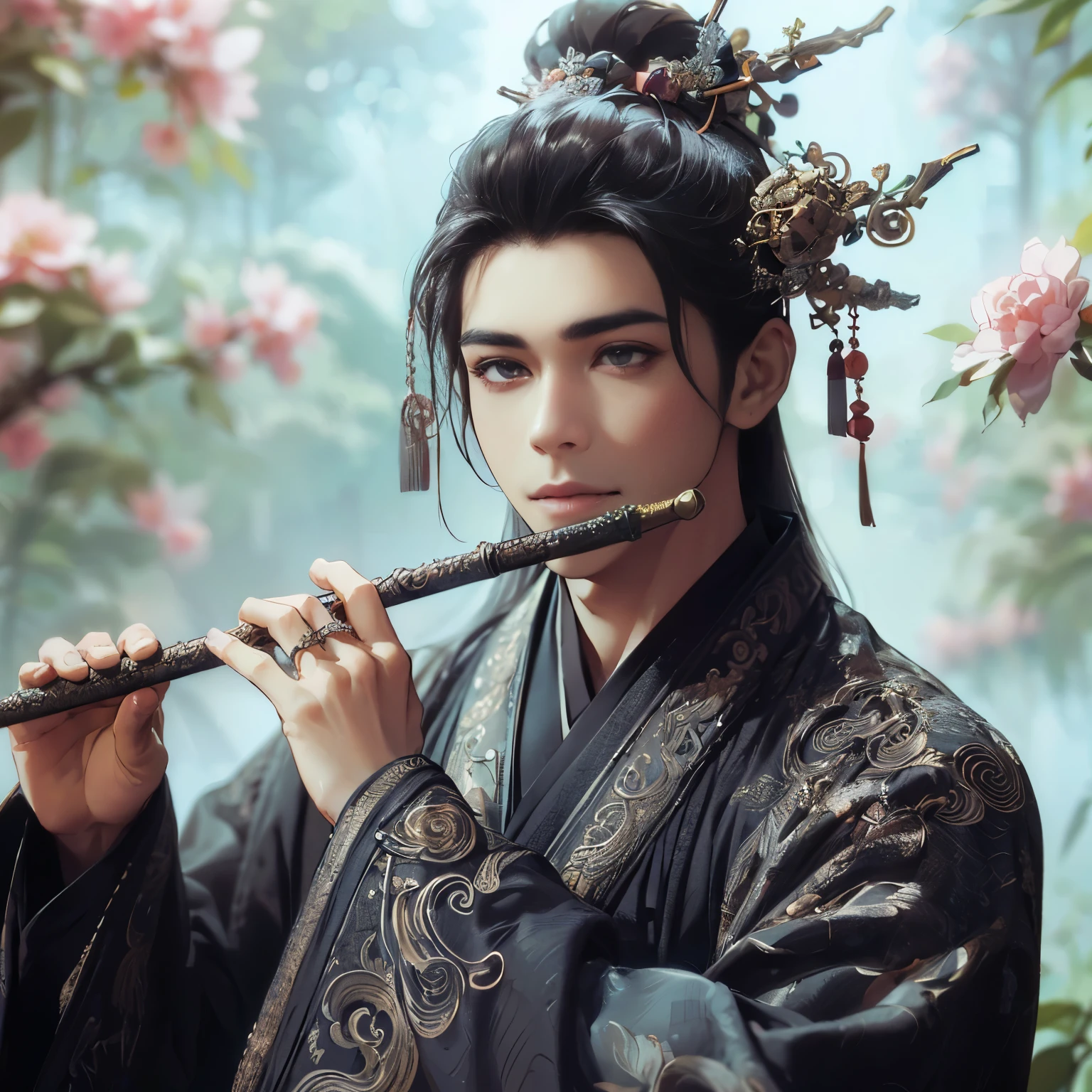(Best Quality:1.2), (high resolution:1.2), (beautiful face and eye:1.2), (sharpest focus:1.2), (Ultra-realistic Photo:1.2), (Ultra-precise Photo:1.2), (Depth of field:1.2), (8k high resolution:1.2), (perfect anatomy:1.2), (nice hands:1.5), 
(perfect hands:1.5), (Very young and masculine and dignified and beautiful Chinese male:1.5), (Beautiful nobleman:1.0), (A beautiful nobleman:1.0), (A shiny black hermit-like garment with fancy embroidery:1.0), (A gentle smile:1.3), 
(Playing an iron flute:1.5), (A secluded hermit-like place deep in the mountains of China:1.0), (A mysterious fairyland:1.2), (Birds and animals gathered to listen to the sound of the flute:1.3), (Looking up angle:1.0), 