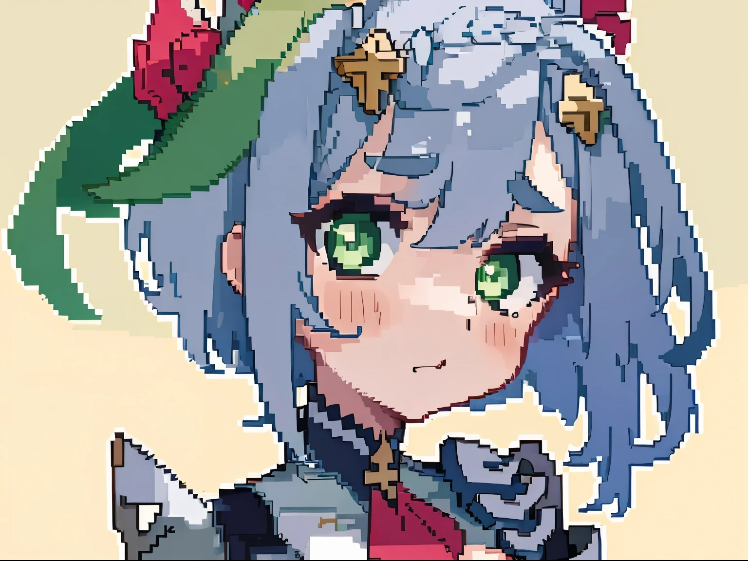 masterpiece, high quality, hcnone, pixel art, 1girl, noelle genshin impact, silver hair, green eyes, simple gold color background
