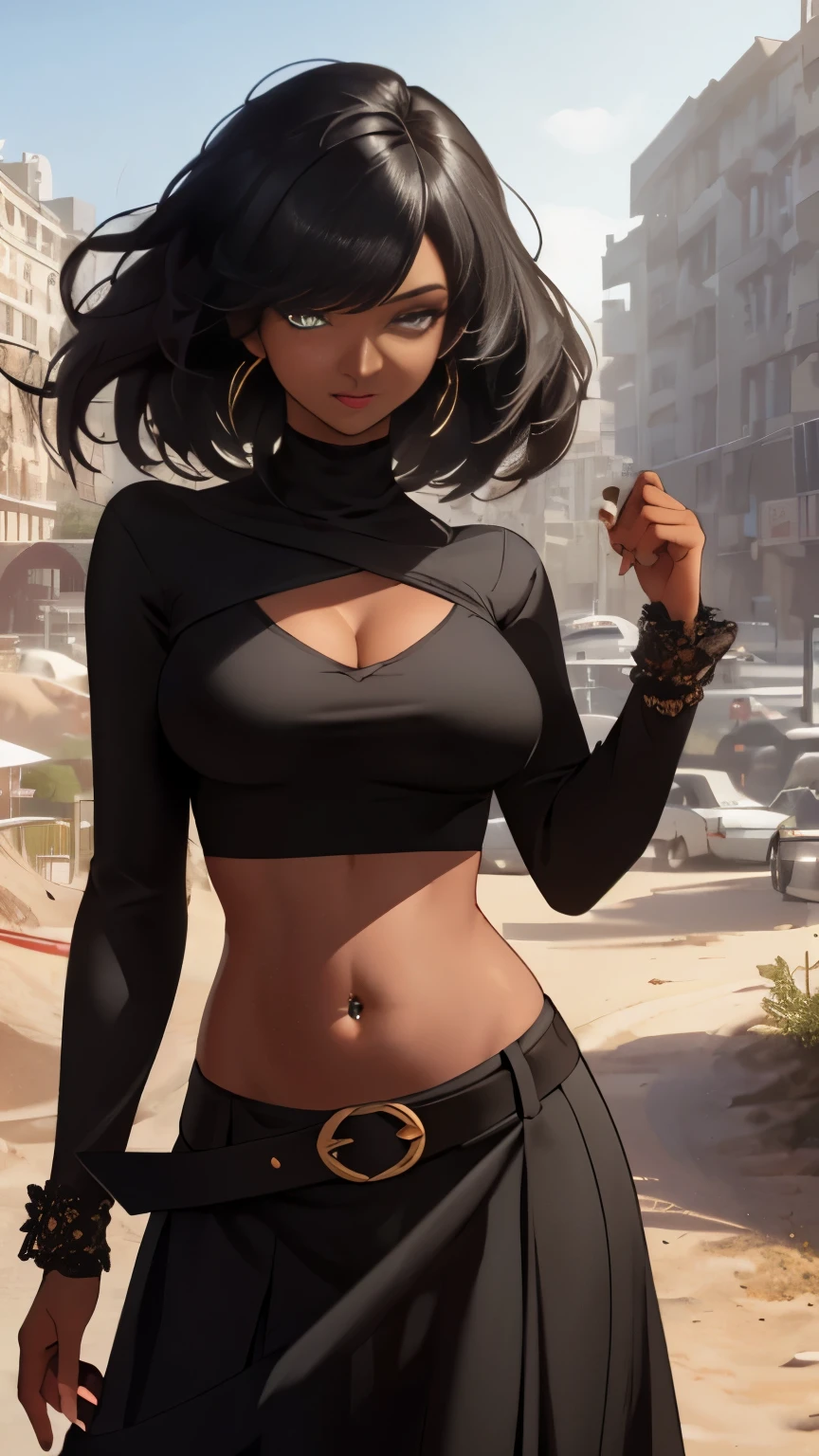 (Highly quality, masterpiece, detailed), sandy city detailed scenario, sandy city detailed background, solo, 1 woman, black hair, glamorous hair style, DustMarvel, long sleeves, belt, black cropped top, long skirt, dark-skinned female, belly button piercing, beautiful eyes, look at the viewer, Sexy pose 