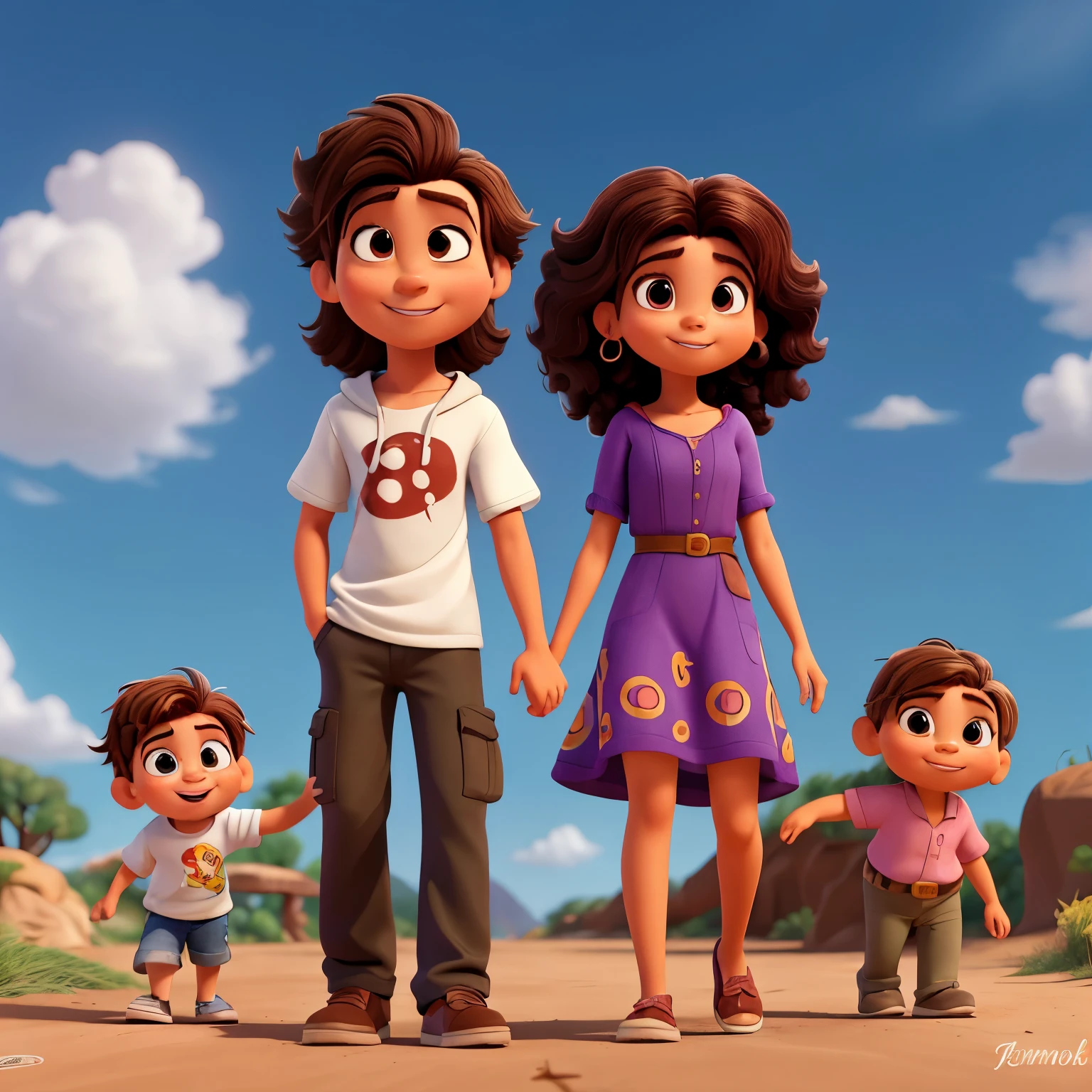 Animacion estilo Disney pixar 3D. Una pareja de hombre y mujer agarrados de la mano, sonriendo a la camara. El cabello rizado corto, alto , moreno, camisa de manga larga negra, and she has long straight brown hair, guera, con un vestido rosa palo de vuelo
