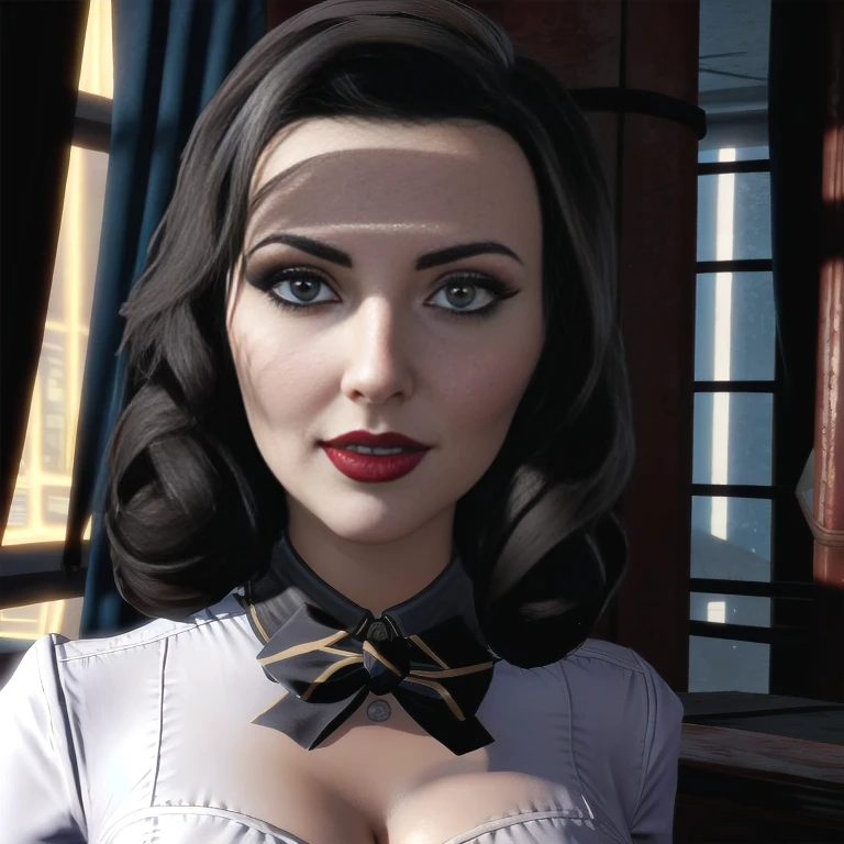 Elizabeth comstock, white blouse, portrait, beautiful sexy smirk, bioshock city, red lipstick, cleavage (8k, RAW photo, best quality, masterpiece:1.2),ultra-detailed, (high detailed skin:1.2), 8k uhd, dslr, soft lighting, high quality, 
