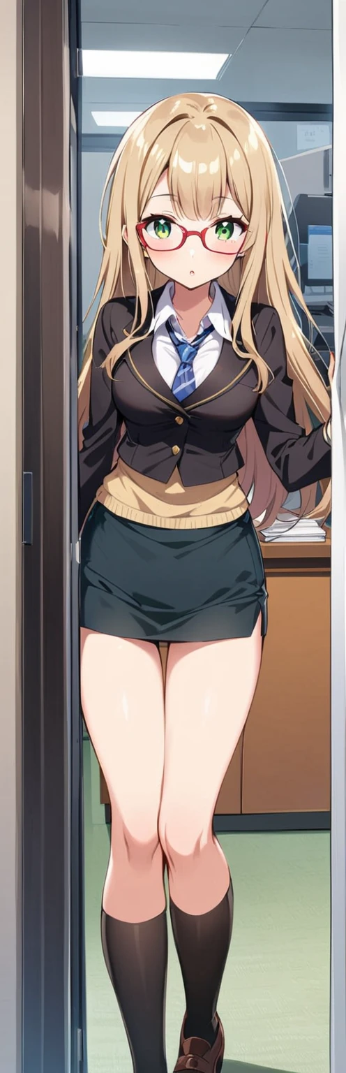 Anime girl,light brown hair,green eyes,office,Long black socks,glasses