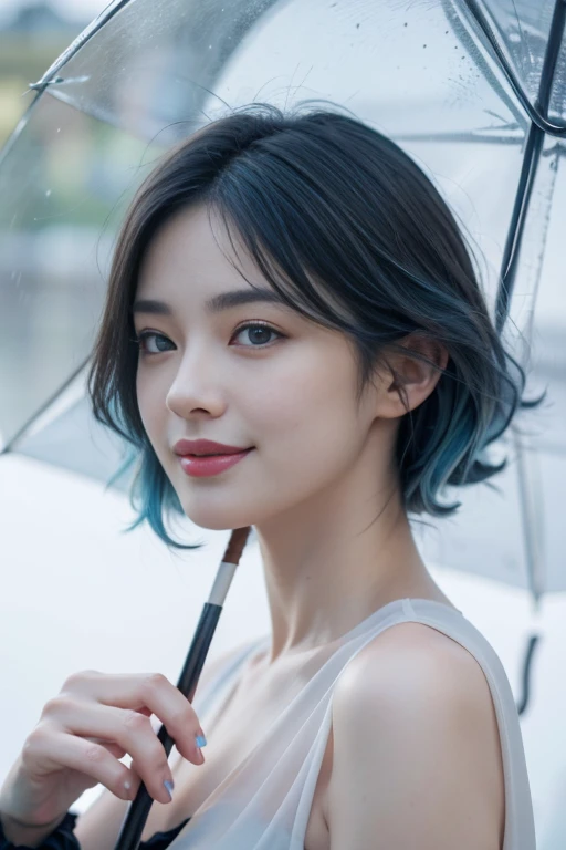 (best quality, masterpiece: 1.3), 1 girl, rainy day, FOG, alley, holding an umbrella, Large and transparent umbrella, looking at the audience, blue hair,, perfect hands, Beautifully, night,pretty Woman:1.4,Super detailed face、Eye for details、double eyelids、Highly detailed and professional lighting smile(Realism:1.4