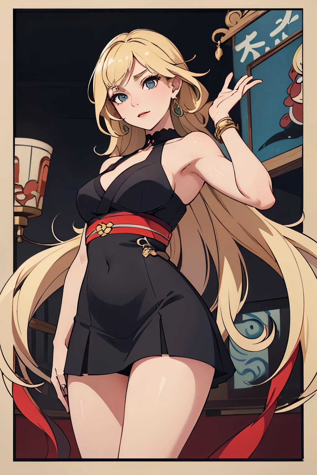 High resolution, masterpiece, look here, a very realistic image of a beautiful blonde with an hourglass figure, painted by a professional ukiyo-e, leaving little to the imagination, a slim girl, nice legs, well-fitted body , a very short skirt, exudes sensuality, framed by long eyelashes, accentuated by delicate makeup, her gaze captures yours with such intensity that it sends shivers down your spine, lips slightly parted. She exudes a mysterious aura, her golden hair curling around her fingers and her eyes dancing mischievously, seducing you with every move.