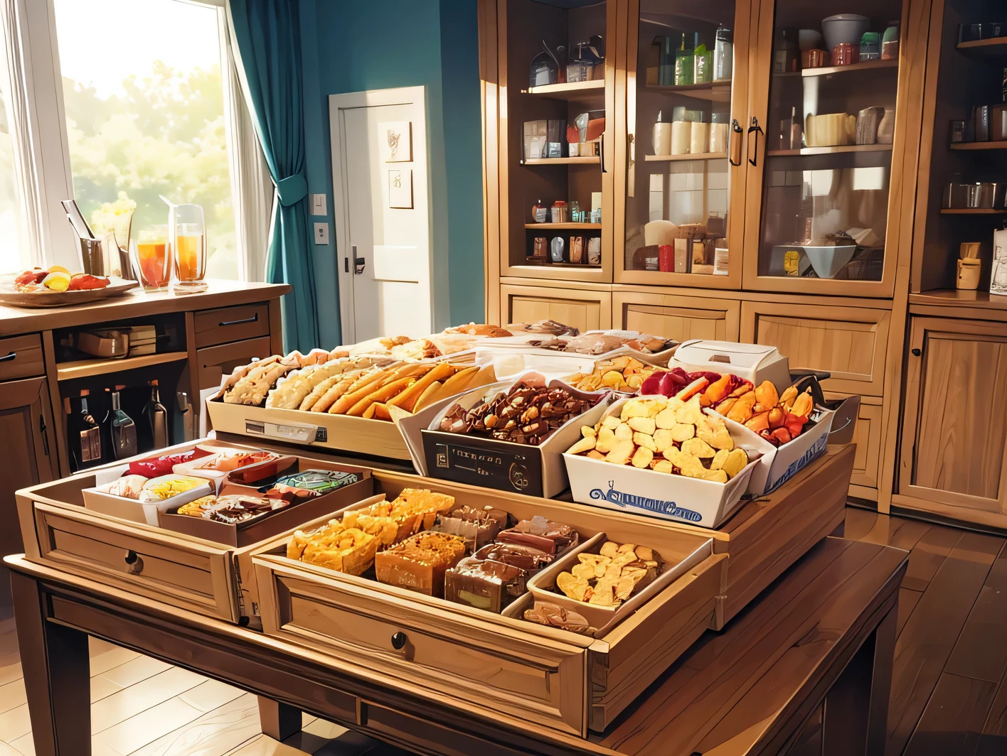 The whole cabinet is filled with snacks and drinks