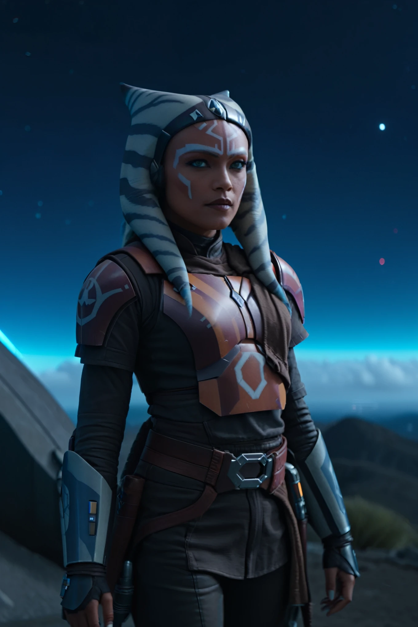 cinematic photo ahsoka tano wearing sabine wren armor at observatory. 35mm photograph, film, bokeh, professional, shot by david lachapelle, 4k, highly detailed