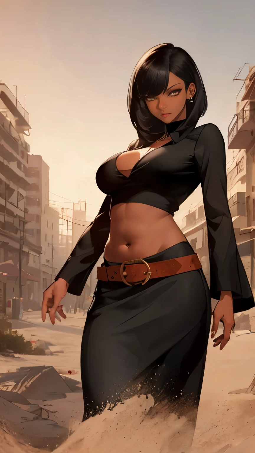 (Highly quality, masterpiece, detailed), sandy city detailed scenario, sandy city detailed background, solo, 1 woman, black hair, glamorous hair style, DustMarvel, long sleeves, belt, black cropped top, long skirt, dark-skinned female, belly button piercing, beautiful eyes, look at the viewer, Sexy pose 