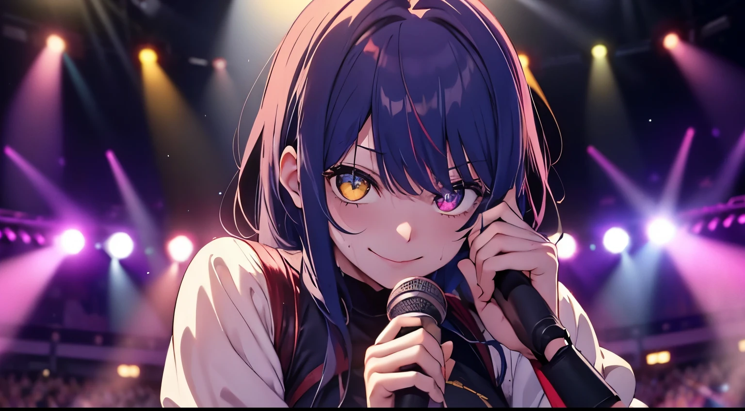 heterochromia、red eyes,yellow eyes、Idol singer singing with live music、Singing while sweating alone、Have fun with a smile、Hair color is blue hair、Proud Idol、slim figure、The background is the stage