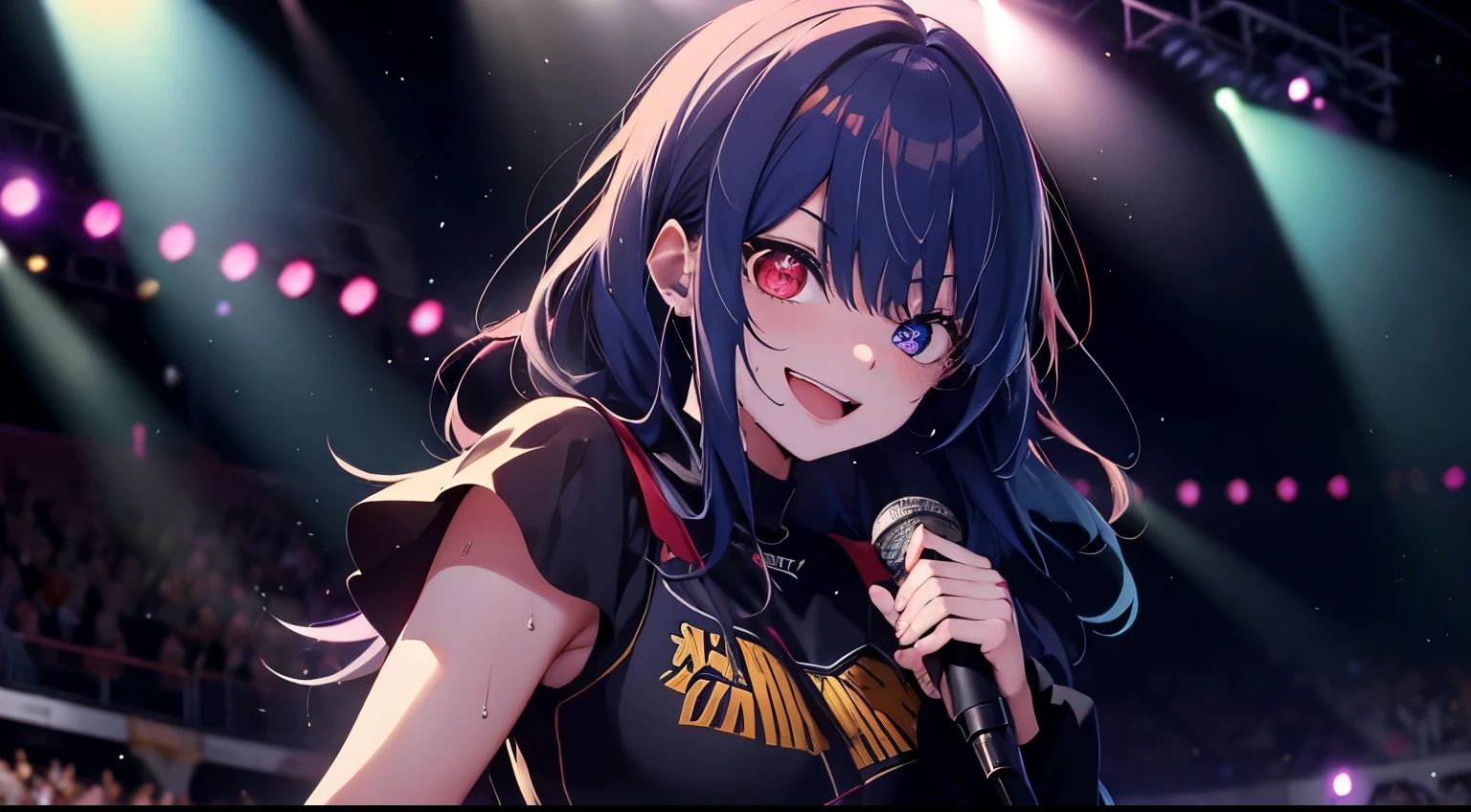heterochromia、red eyes,yellow eyes、Idol singer singing with live music、Singing while sweating alone、Have fun with a smile、Hair color is blue hair、Proud Idol、slim figure、The background is the stage
