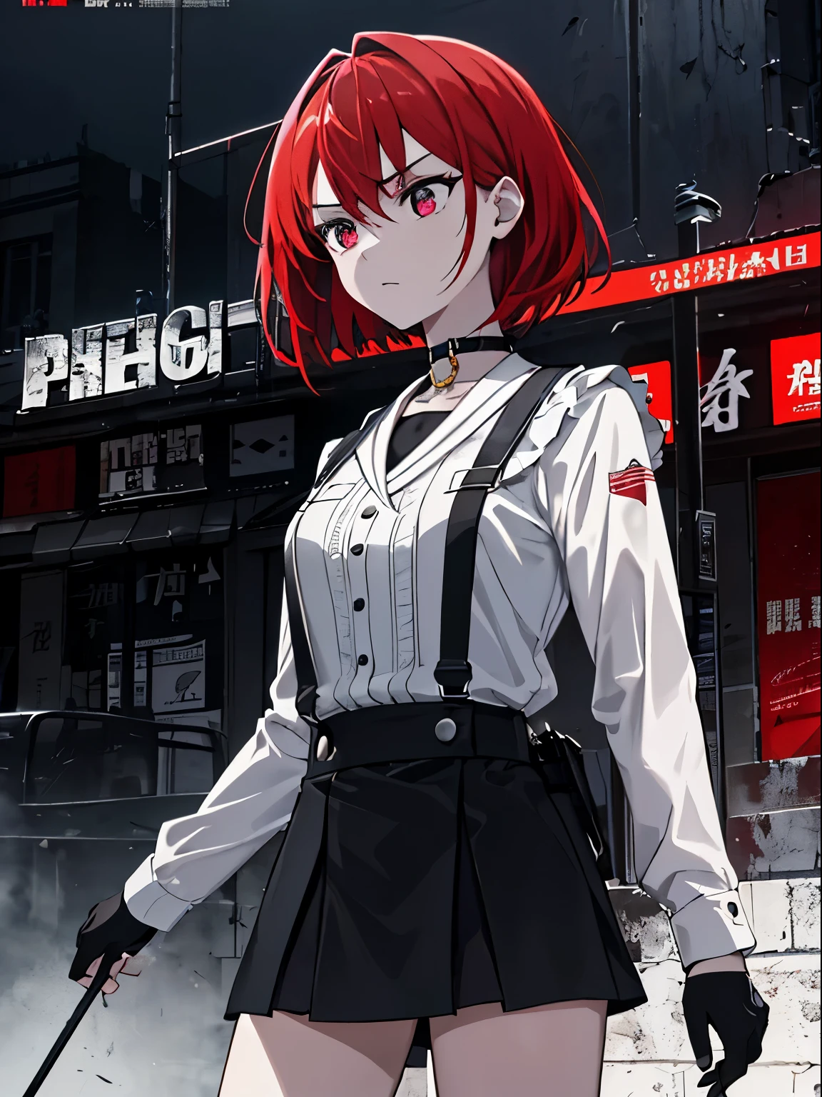 ((top-quality)), ((​masterpiece)), ((ultra-detailliert)), (extremely delicate and beautiful),(((Dramatic)))、(((gritty)))、(((vehement)))Movie poster featuring a young woman as the main character。Beautiful short red hair、Magazine Art、She wears stylish and edgy clothes、Stand confidently in the center of the poster。Dressed in costume、I have a look of determination on my face。The background is dark and gritty.、Feeling danger and intensity。Text is bold and attention-grabbing、The catchy tagline is、Enhances the overall sense of drama and excitement。The color palette is predominantly bright、studded with saturated bright colors.、It gives the poster a dynamic and visually striking look。a miniskirt、Uniforms、Black Choker