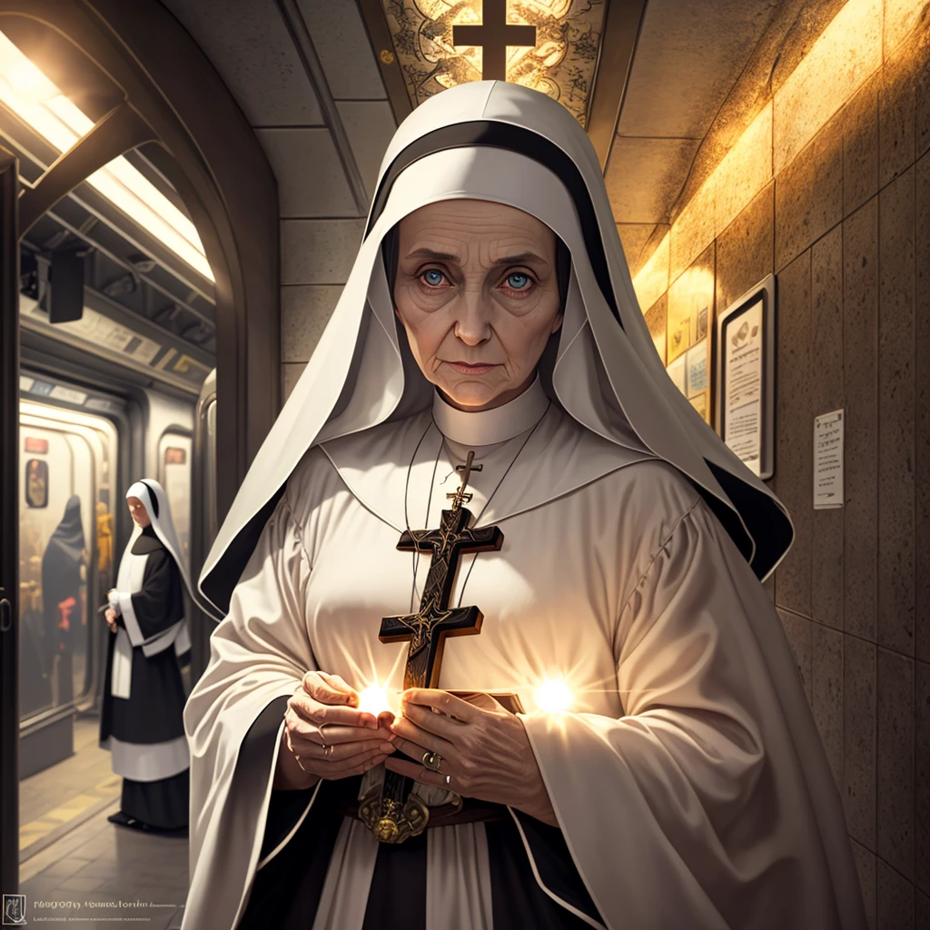 A spreading light, evil supernatural creatures fleeing, at the light's center is a lovely Catholic nun holding a cross and a bible, emitting holy energy as she chants, in a subway. (best quality, 4k, highres, masterpiece:1.2), ultra-detailed, (realistic, photorealistic:1.37), HDR, studio lighting, extreme detail description, professional, vivid colors, bokeh, portraits, horror, subway, evil supernatural creatures, spreading light, lovely Catholic nun, cross, bible, holy energy, chanting