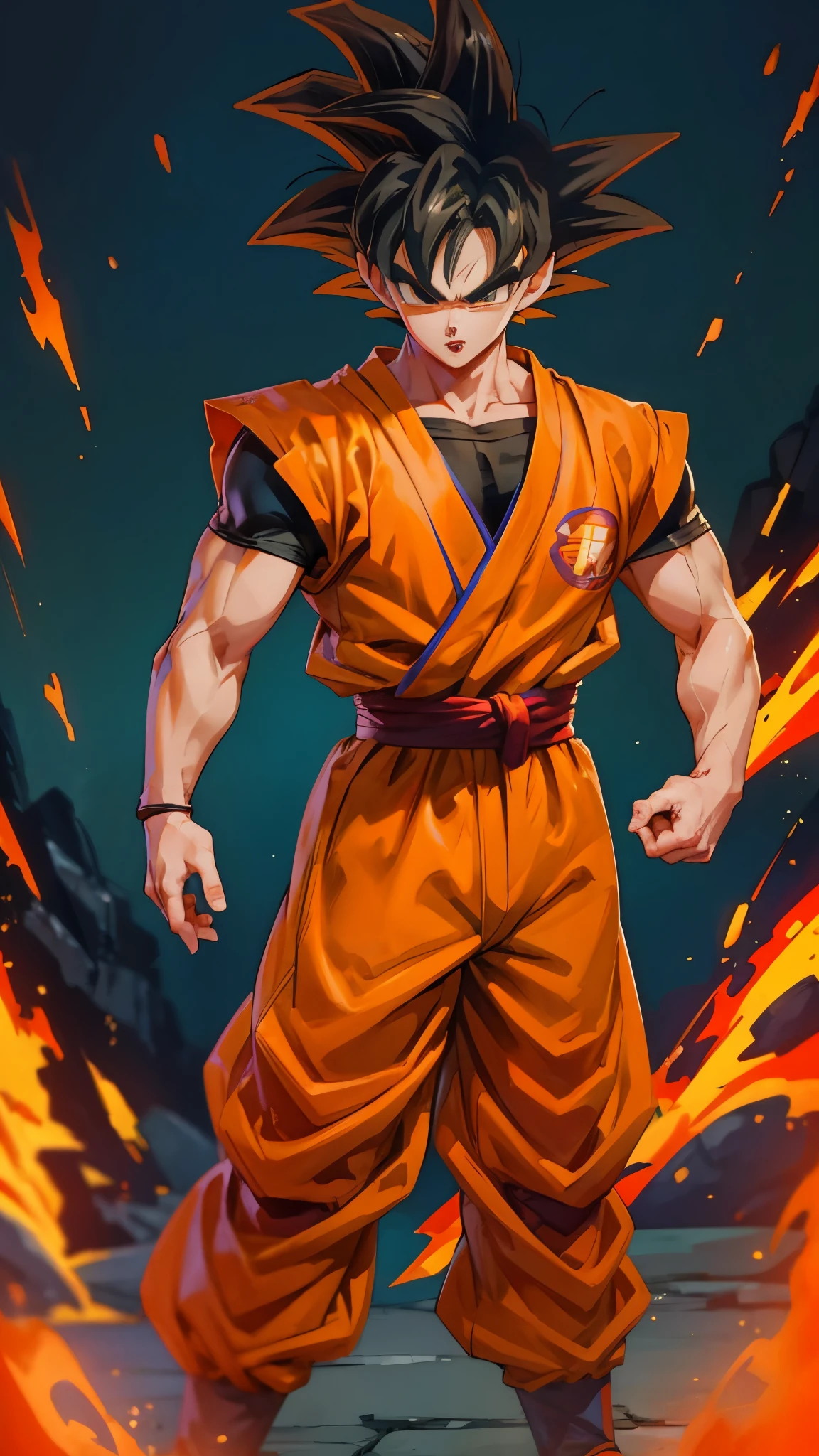 (masterpiece), best quality, ultra-detailed, Goku from Dragon Ball Z with spiky black hair, wearing orange clothes, Retro style.super saiyan.fire.