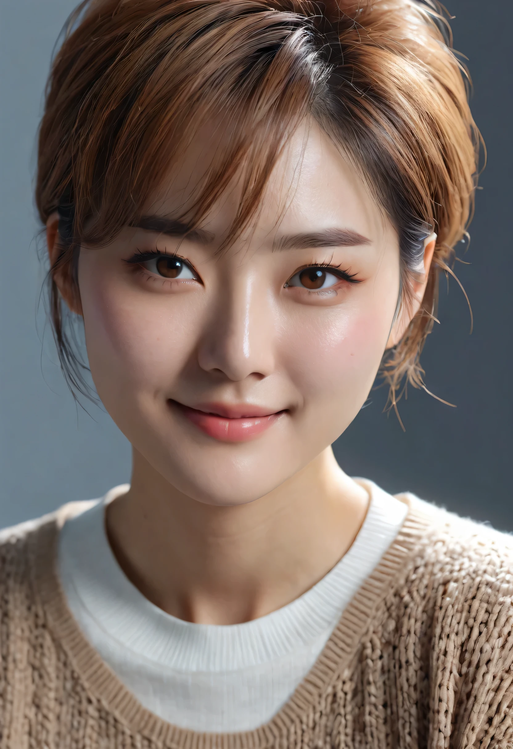 (masterpiece:1.3), (8K, Photorealsitic, Raw photography, Top image quality: 1.4), Japan high school girls、(Random hairstyles:1.2)、cleavage of the breast:1.2、Super Detail Face、Eye of Detail、double eyelid、Bring your chest together、sharp focus:1.2、prety woman:1.4、light brown hair、top-quality、masterpiece、超A high resolution、(Photorealsitic:1.4)、Highly detailed and professional lighting smile、Loose and light knitwear、Shoulder out、slender、serious facial expression、short-haired、Fatal position