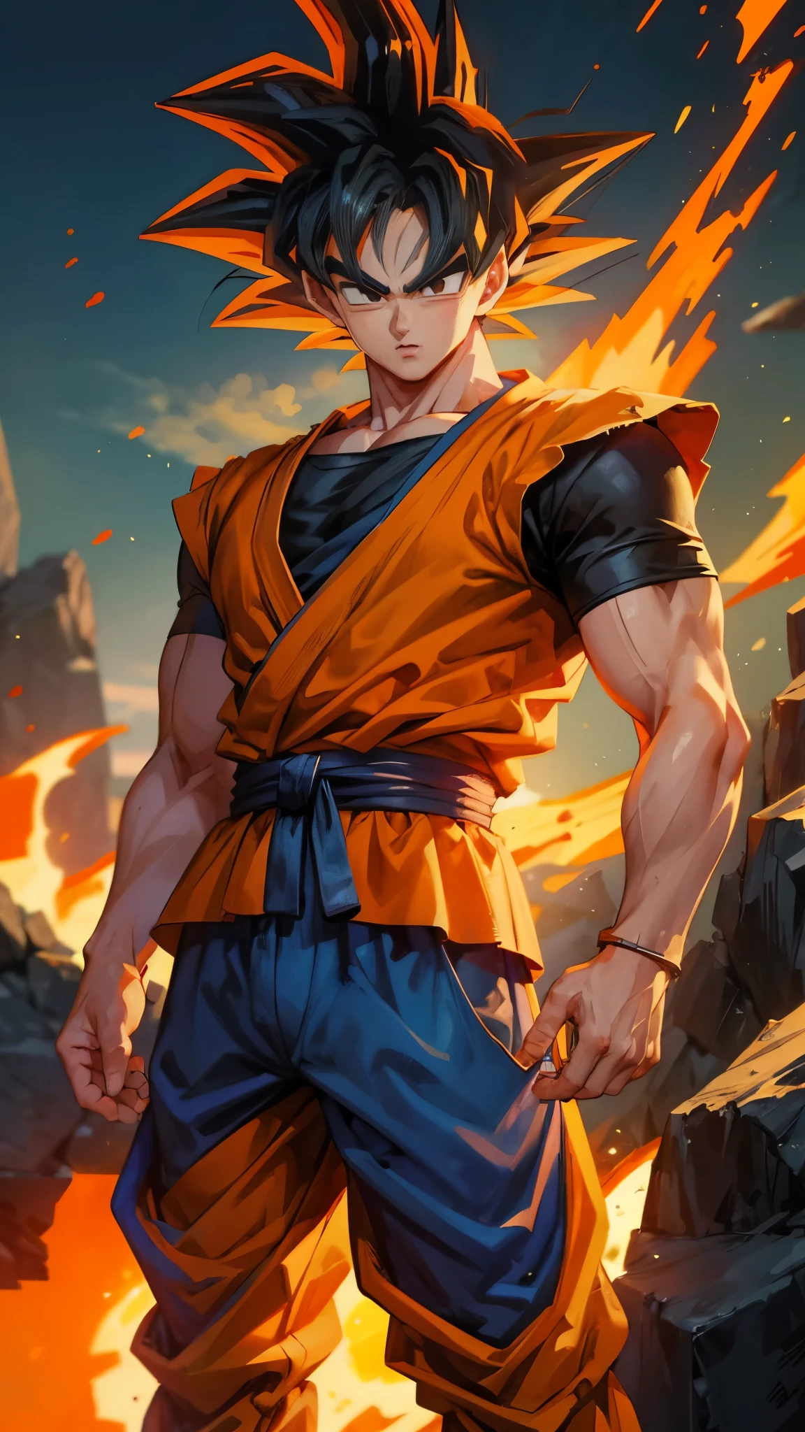 (masterpiece), best quality, ultra-detailed, Goku from Dragon Ball Z with spiky black hair, wearing orange clothes, Retro style.super saiyan.fire.