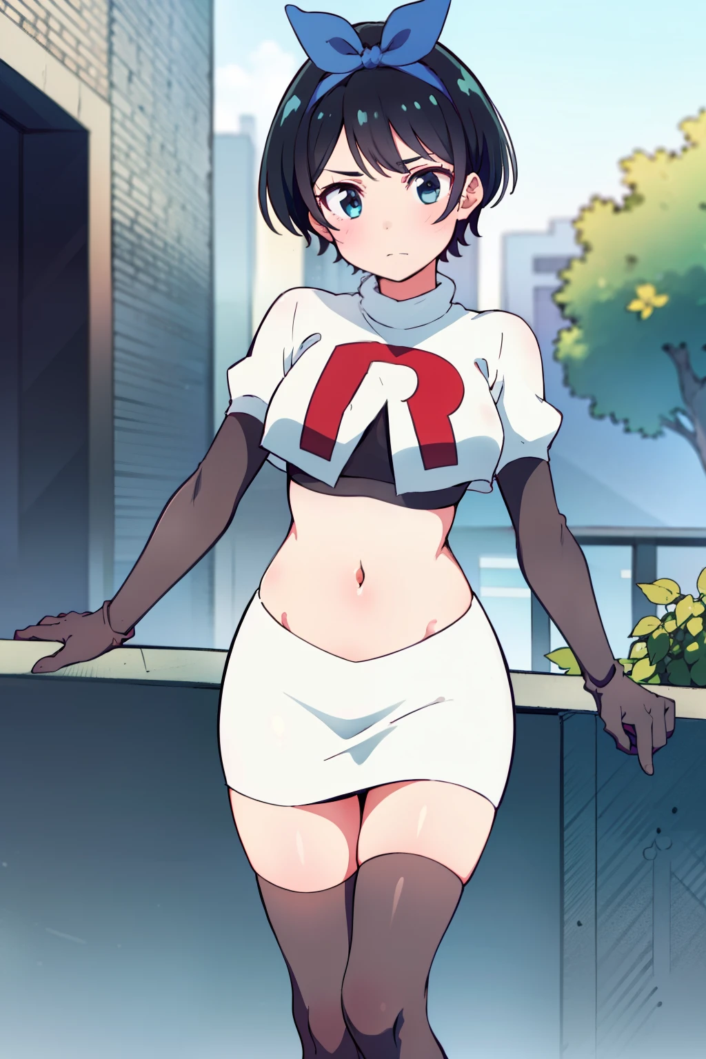 (masterpiece, best quality, ultra-detailed), 1girl, RukaSarashina, looking at viewer, team rocket,team rocket uniform,white skirt,red letter R,crop top,black thigh-highs,black elbow gloves