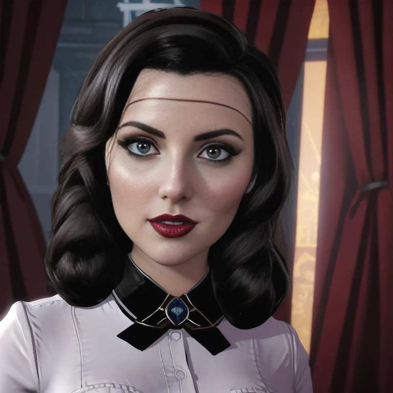 Elizabeth comstock, white blouse, portrait, full body, beautiful sexy smirk, bioshock city, red lipstick, (8k, RAW photo, best quality, masterpiece:1.2),ultra-detailed, (high detailed skin:1.2), 8k uhd, dslr, soft lighting, high quality,