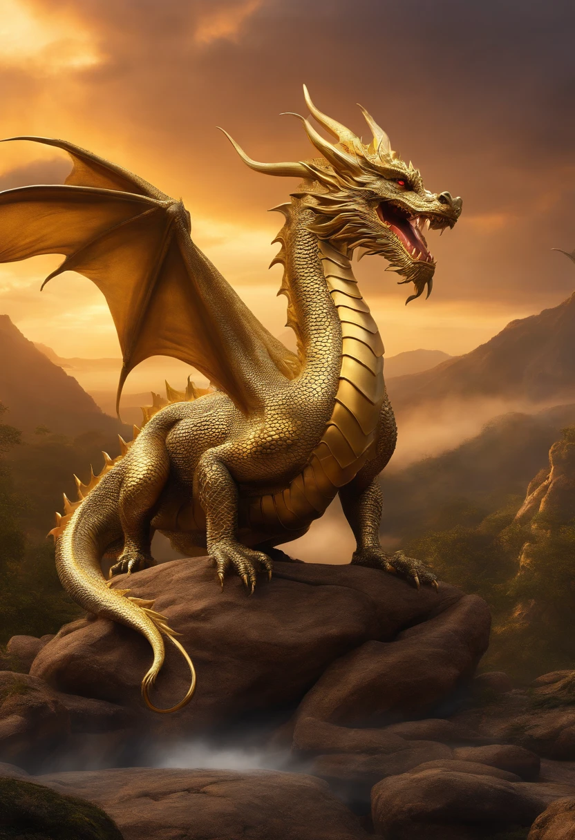 A calm and peaceful huge dragon all in gold, em um lugar lindo.