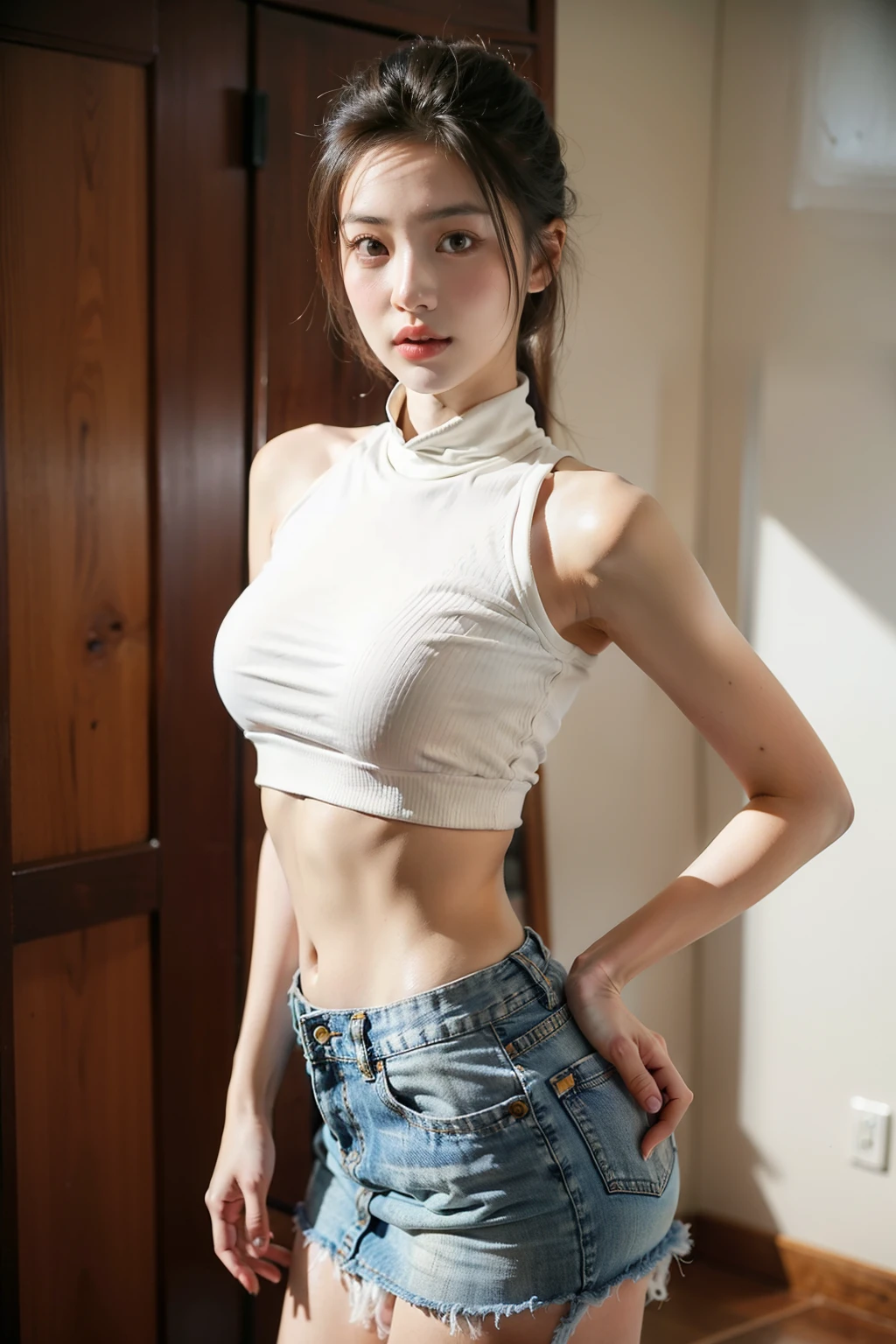 ((best quality)), ((masterpiece)), (detailed), Asian woman with perfect face wearing denim top and skirt is posing for photo wearing crop top and mini skirt, Wearing a sexy crop top 