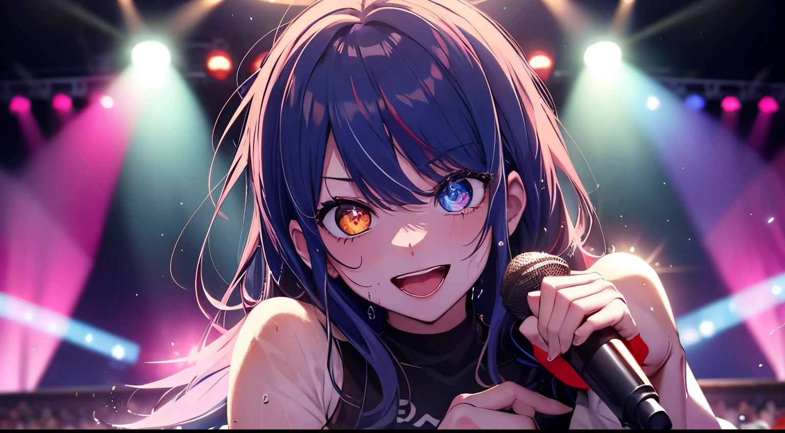 heterochromia、red eyes,yellow eyes、Idol singer singing with live music、Singing while sweating alone、Have fun with a smile、Hair color is blue hair、Proud Idol、slim figure、The background is the stage