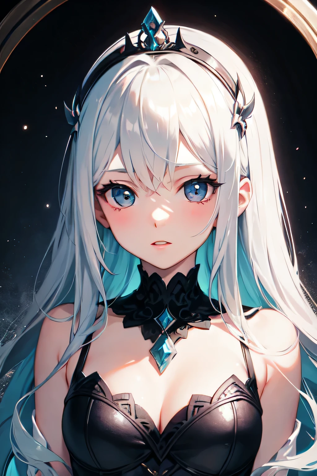 Princesa con la melena gris y su corona puesta ojos de color celeste oscuro