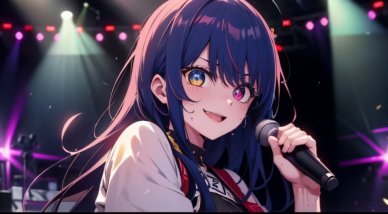heterochromia、red eyes,yellow eyes、Idol singer singing with live music、Singing while sweating alone、Have fun with a smile、Hair color is blue hair、Proud Idol、slim figure、The background is the stage