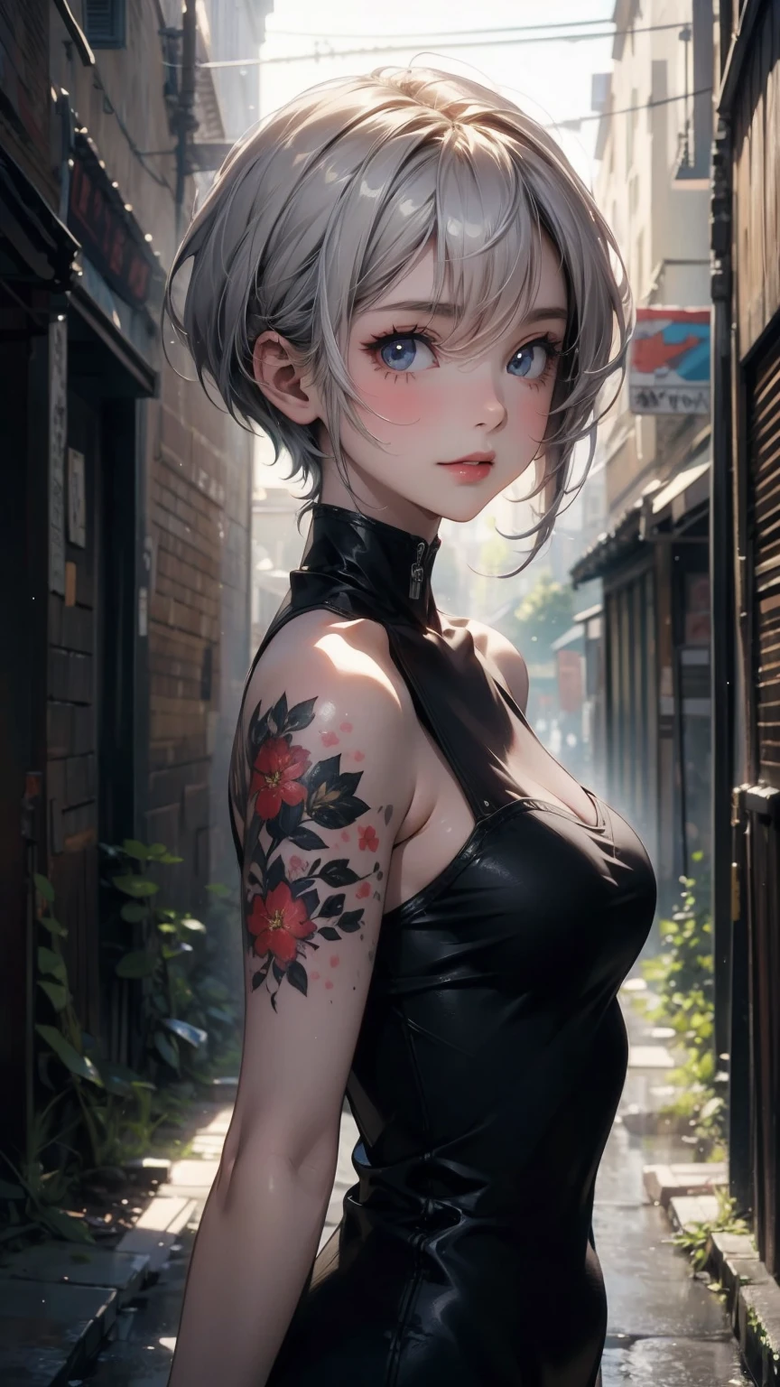 (masterpiece, High resolution, highest quality), ((20 year old woman, Composition from head to stomach, upper body focus)), smile, detailed eyes, No sleeve, Floral tattoo covering the arm, Asymmetrical punk short hair:1.2, ash gray hair, A deserted back alley in Paris:1.3, cinematic lighting, anime style, simple lines, digital painting