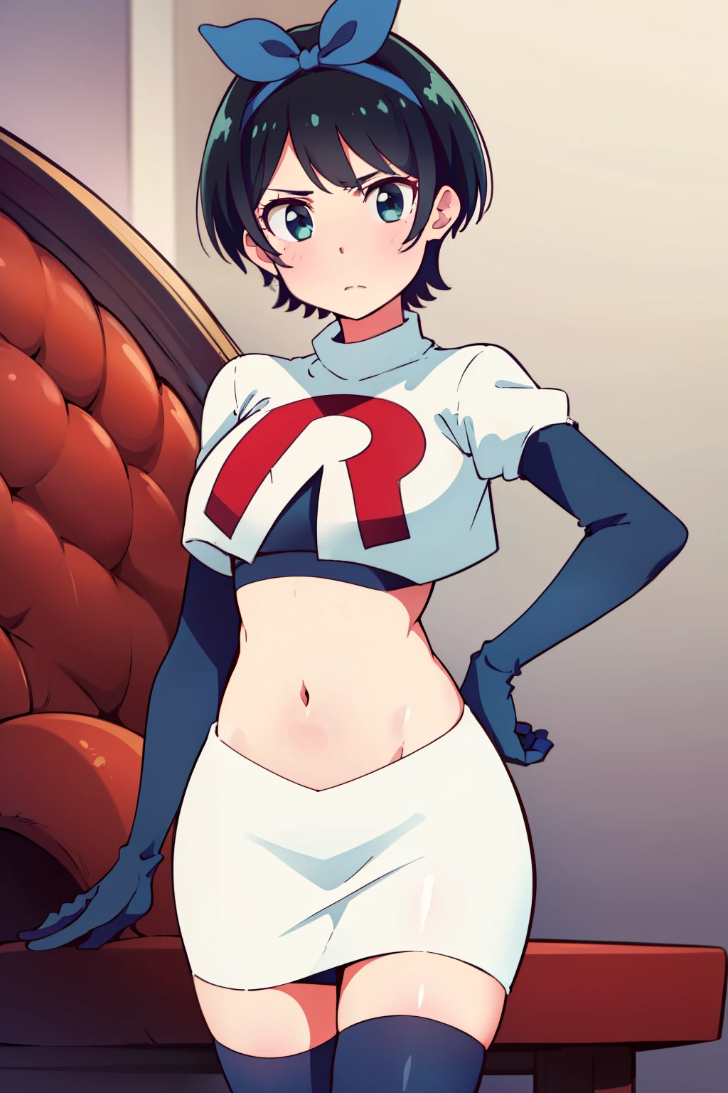 (masterpiece, best quality, ultra-detailed), 1girl, RukaSarashina, looking at viewer, team rocket,team rocket uniform,white skirt,red letter R,crop top,black thigh-highs,black elbow gloves