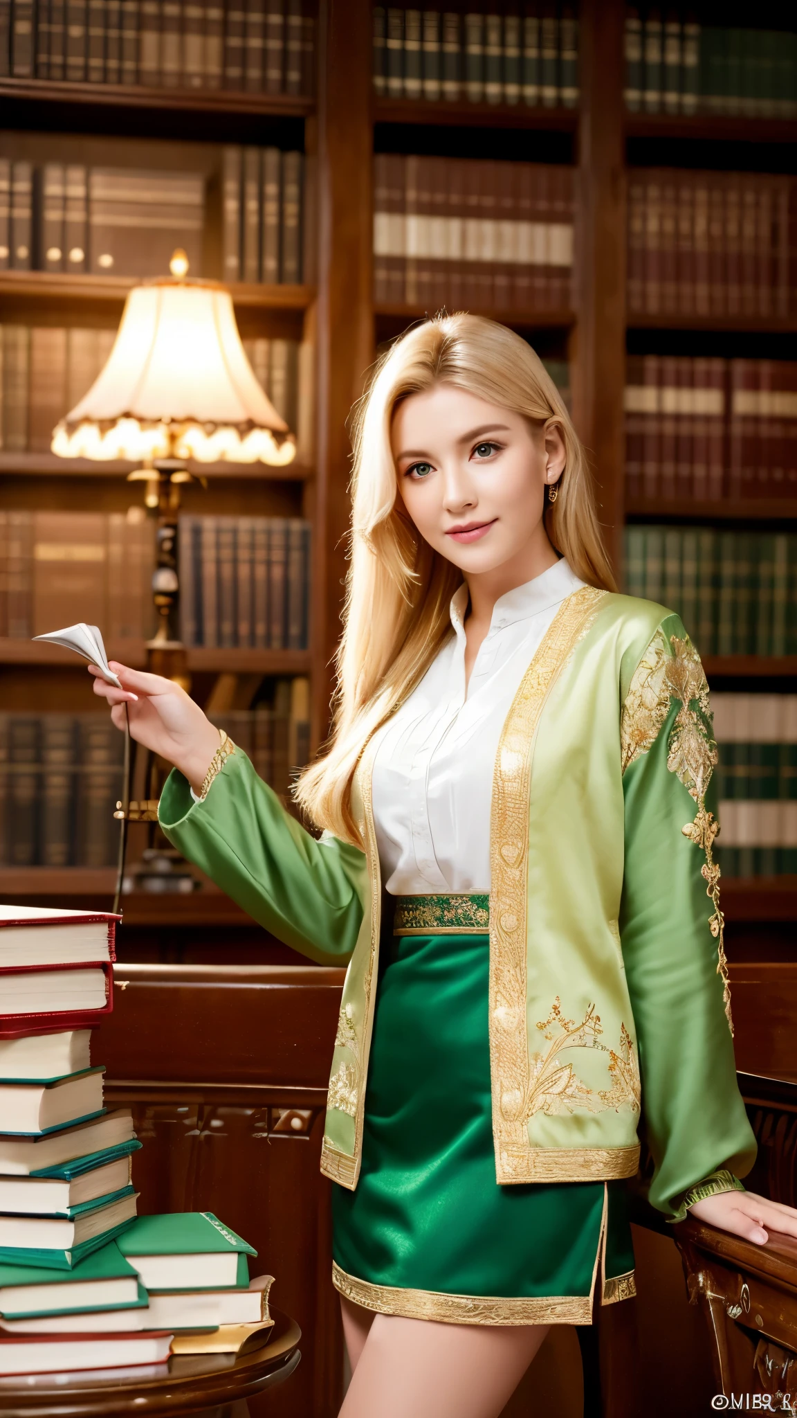 (((masterpiece, highest quality, High resolution, high detail)))), One, ((fantasy)))), (elf woman)))), (White short skirt with gold embroidery), (blonde long straight hair), (shiny dark green eyes), (green surcoat with gold embroidery), big, (((National Library of the Royal Capital)), (Many books are lined up in a large space)), sit on a chair and read a book , particles of light flying around