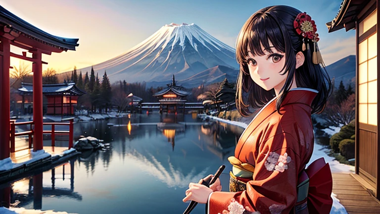 masterpiece,highest quality,(beautiful japanese girl), 18-year-old,1 bunch of black hair,round face,big brown eyes,(((Japanese floral red kimono))),Japanese style hair accessories,(First visit of the Japan),crowded place,smile,positive,new year,(first sunrise),(snow scene),Visit a shrine,cowboy shot,(Background Otorii and Mt. Fuji),