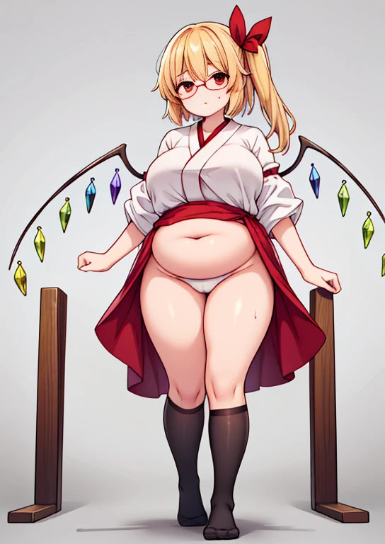 (masterpiece, best quality, highly detailed), 1girls, big belly, blurry background, huge belly, art by kipteitei, round belly, chubby, curvy, simple_background, gradient_background, belly grab, enormous belly, fat belly, thicc, bigger belly, really big belly, jiggly belly, shirt covering belly, belly cover by shirt, glasses, (shrine maiden clothes), (no socks), (sweating), (exhausted), ((full body)), long hair, Flandre scarlet