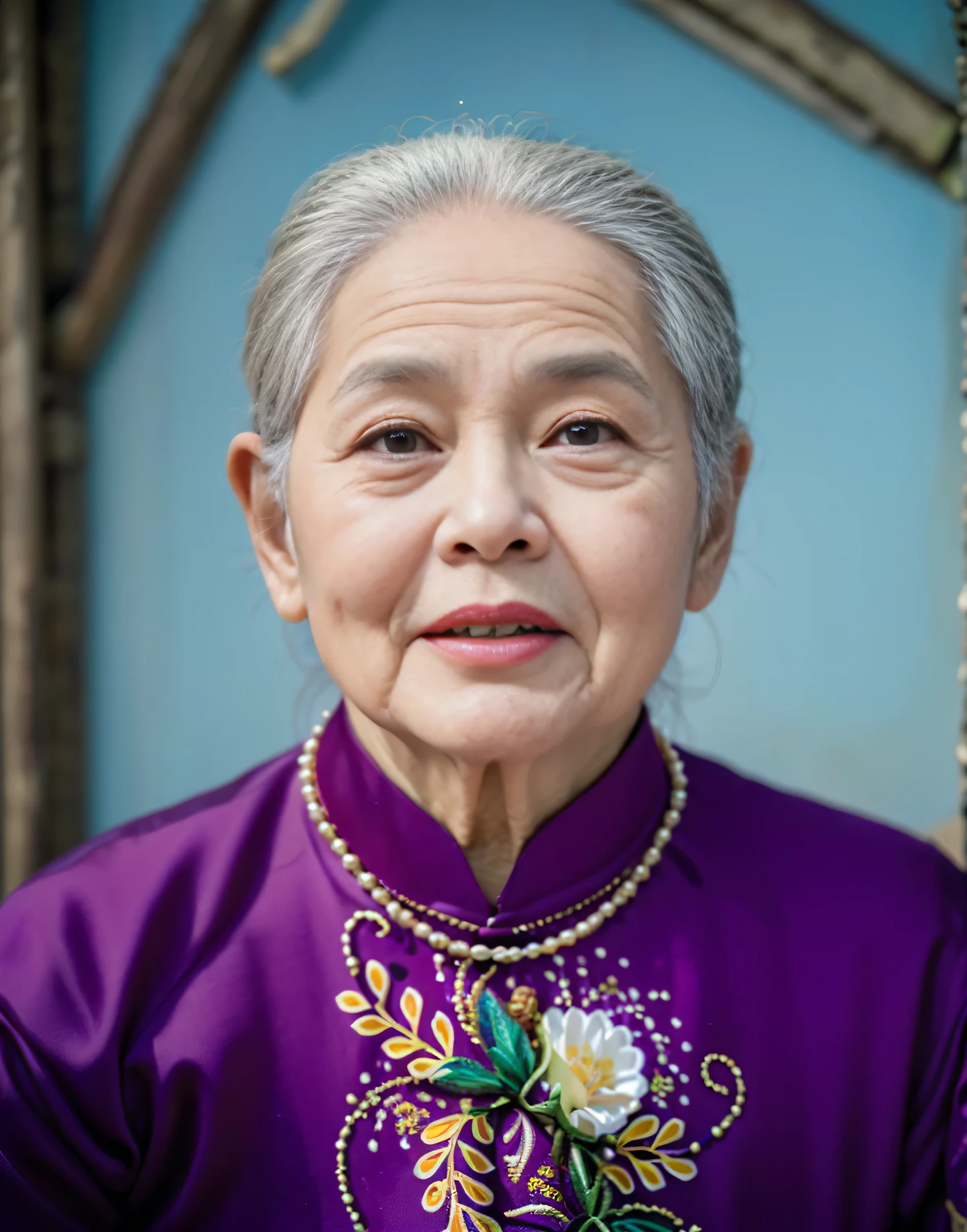 Highly realistic photo, ((masterpiece), (best quality), (raw photo), (photorealistic:1.4), Portrait of Vietnamese old woman, (90 years old), ((white hair)), ((wearing purple aodai)), gold necklace, ((pursed lips)), ((Solid blue background)) , photo taken by Sony A7IV
