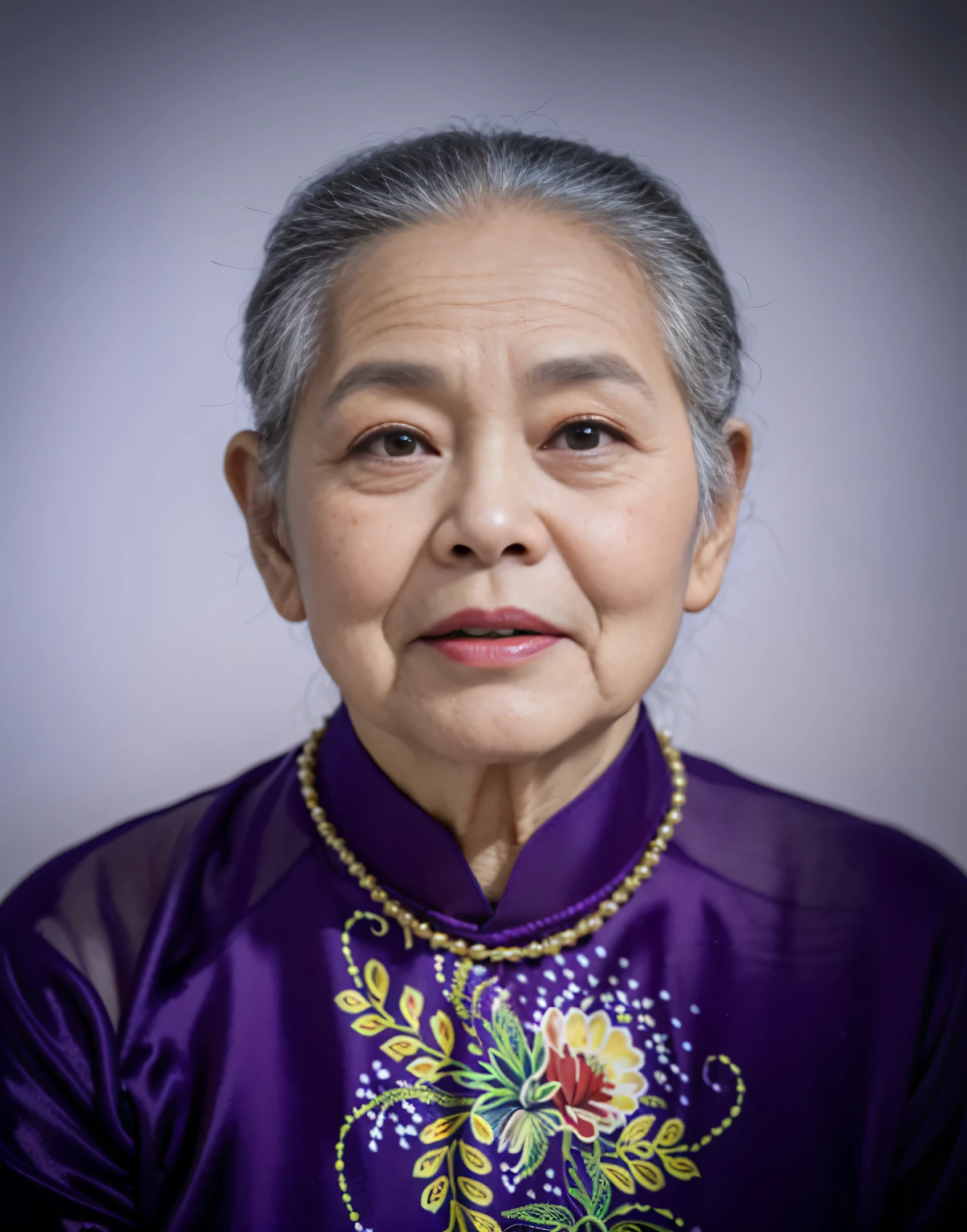Highly realistic photo, ((masterpiece), (best quality), (raw photo), (photorealistic:1.4), Portrait of Vietnamese old woman, (90 years old), ((white hair)), ((wearing purple aodai)), gold necklace, ((pursed lips)), ((Solid blue background)) , photo taken by Sony A7IV