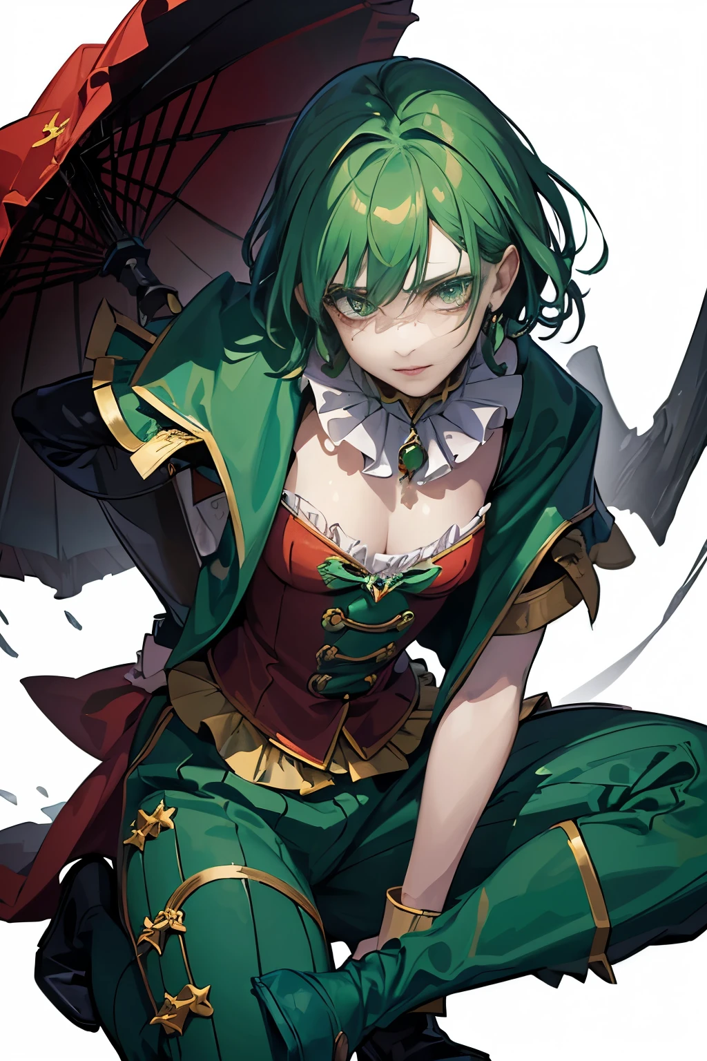 (best quality, ultra-detailed, realistic:1.37), anime style, man, jester, green jester outfit, clown, painted face, macabre smile, red boots, mysterious, the night, perfect face, well-defined face, detailed face, dark and creepy lighting, intense colors, surreal atmosphere, haunting background, dramatic pose, expressive eyes, intricate patterns on the costume, eerie shadows, whimsical elements, mystical aura.