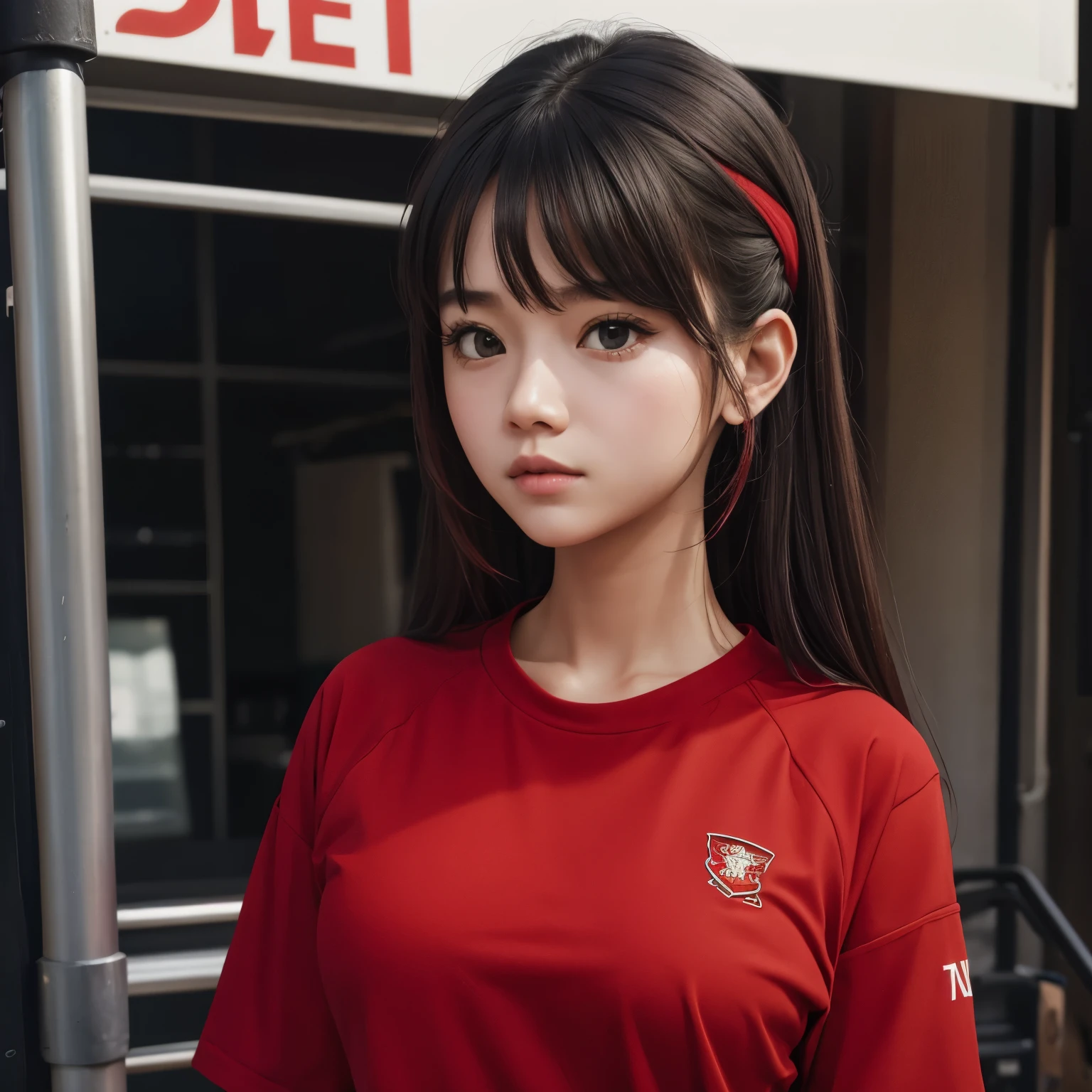 A girl wich wear red shirt and scurt red suize 