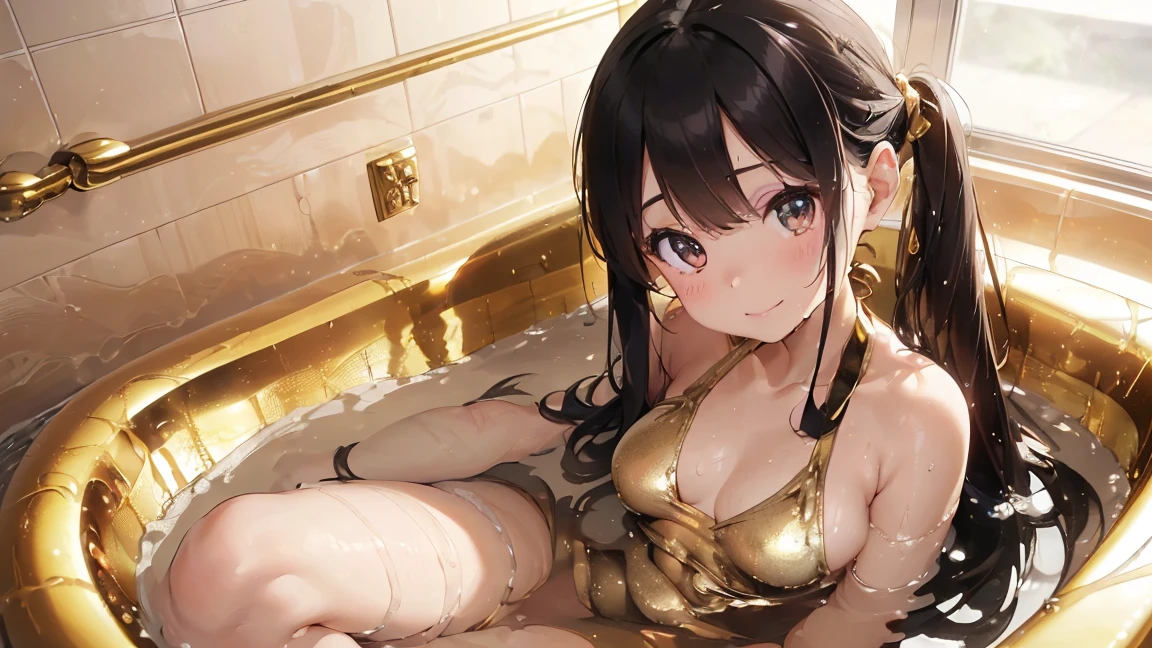 ((highest quality, 16k, masterpiece: 1.3)), ((small and full breasts、10 year old girl、small head)), Beautiful Woman with perfection Figure: 1.4, thin abs: 1.2, ((beautiful black hair)), ((small: 1.4)), (((K-POPアイドル: 1.3)), (shower, White Water)), ((An all-gold bathroom)), ((stop temporarily)), ((fascinating)), ((fascinating)), ((sit, spread your legs)), (((soaking wet chest)), Ultra-realistic 8k cg, perfection Face, perfection, Clean Solo, (blush: 0.5), (blush), (blush: 0.5), masterpiece, professional artwork, famous works of art, A big smile, Beautiful smile, beautiful eyes, perfectionな指, beautiful hands, Depth of the bounds written, realistic: 1.3, (ambient light: 1.3), (cinematic composition: 1.3), (neon: 0.1), (HDR: 0.1), accent lighting, naked、athletic body shape, the body is facing towards you, smile, double eyelid, eye contact, naked足、((Wearing a shiny gold swimsuit))、(((golden bathtub)))、(((golden room)))、((Create an all-gold bathroom))