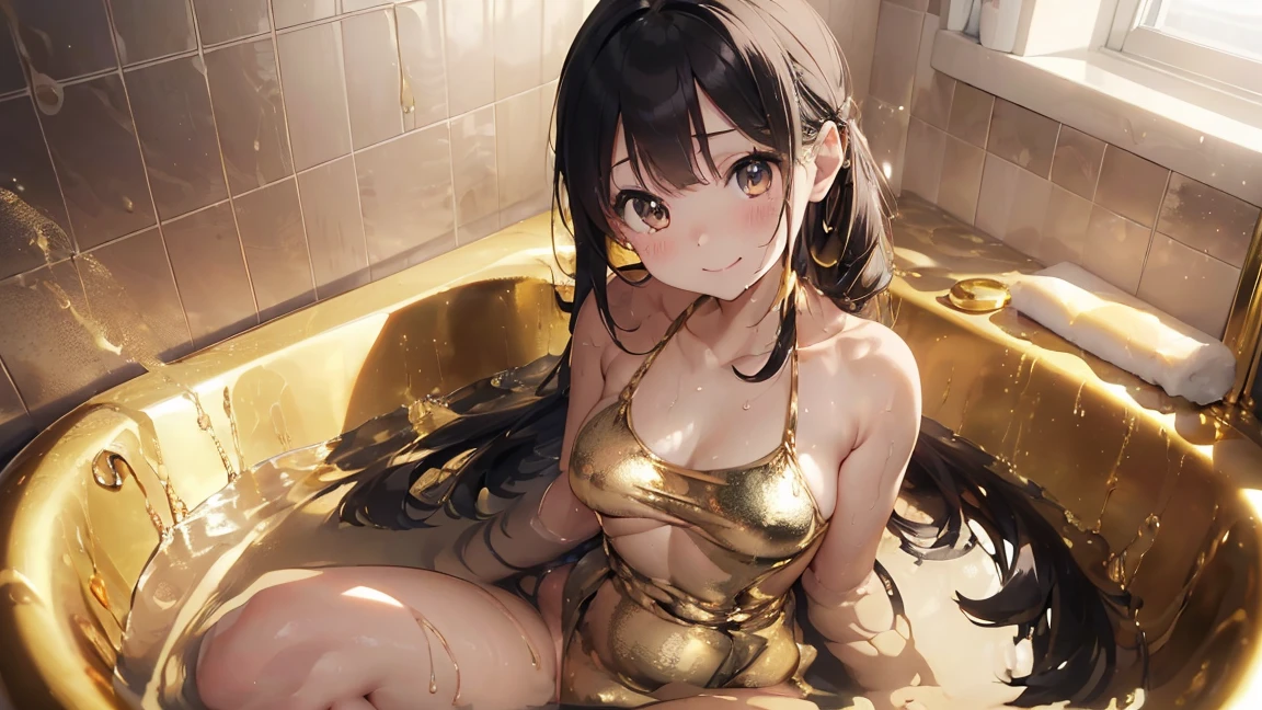((highest quality, 16k, masterpiece: 1.3)), ((small and full breasts、10 year old girl、small head)), Beautiful Woman with perfection Figure: 1.4, thin abs: 1.2, ((beautiful black hair)), ((small: 1.4)), (((K-POPアイドル: 1.3)), (shower, White Water)), ((An all-gold bathroom)), ((stop temporarily)), ((fascinating)), ((fascinating)), ((sit, spread your legs)), (((soaking wet chest)), Ultra-realistic 8k cg, perfection Face, perfection, Clean Solo, (blush: 0.5), (blush), (blush: 0.5), masterpiece, professional artwork, famous works of art, A big smile, Beautiful smile, beautiful eyes, perfectionな指, beautiful hands, Depth of the bounds written, realistic: 1.3, (ambient light: 1.3), (cinematic composition: 1.3), (neon: 0.1), (HDR: 0.1), accent lighting, naked、athletic body shape, the body is facing towards you, smile, double eyelid, eye contact, naked足、((Wearing a shiny gold swimsuit))、(((golden bathtub)))、(((golden room)))、((Create an all-gold bathroom))