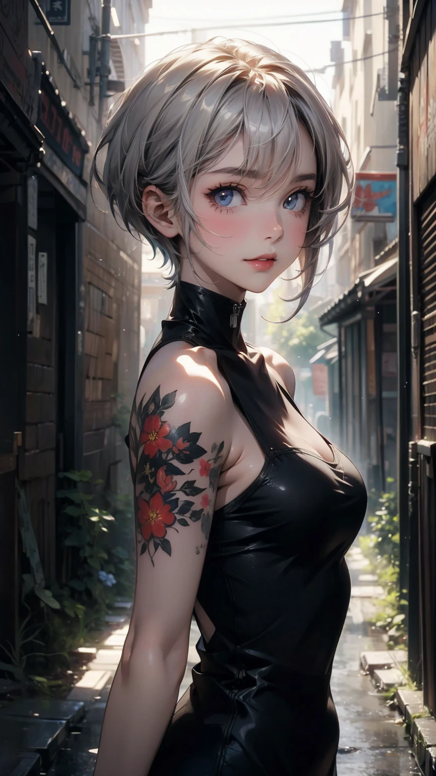 (masterpiece, High resolution, highest quality), ((20 year old woman, Composition from head to stomach, upper body focus)), smile, detailed eyes, No sleeve, Turtleneck Tank Slim Top, Floral tattoo covering the arm, Asymmetrical punk short hair:1.2, ash gray hair, A deserted back alley in Paris:1.3, cinematic lighting, anime style, simple lines, digital painting