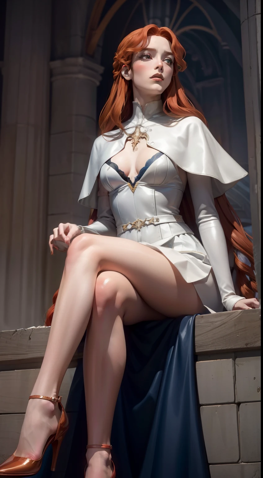 ((foto de corpo inteiro)), ((foto realista)), 1 girl, (colete: 1.2), 8k, high-res, pele finamente detalhada, lingerie, seios enormes, lenore from castlevania, vampire, red hair, skirt, sitting, toned legs, heels, dominant, low angle, upskirt, athletic, skinny, toned, smaller body, thin waist, from below, crossed legs, highly detailed realisticly proportioned legs, toned legs