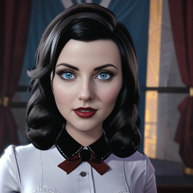 Elizabeth comstock, white blouse, portrait, full body, beautiful sexy smirk, bioshock city, red lipstick, blue eyes, (8k, RAW photo, best quality, masterpiece:1.2),ultra-detailed, (high detailed skin:1.2), 8k uhd, dslr, soft lighting, high quality, 