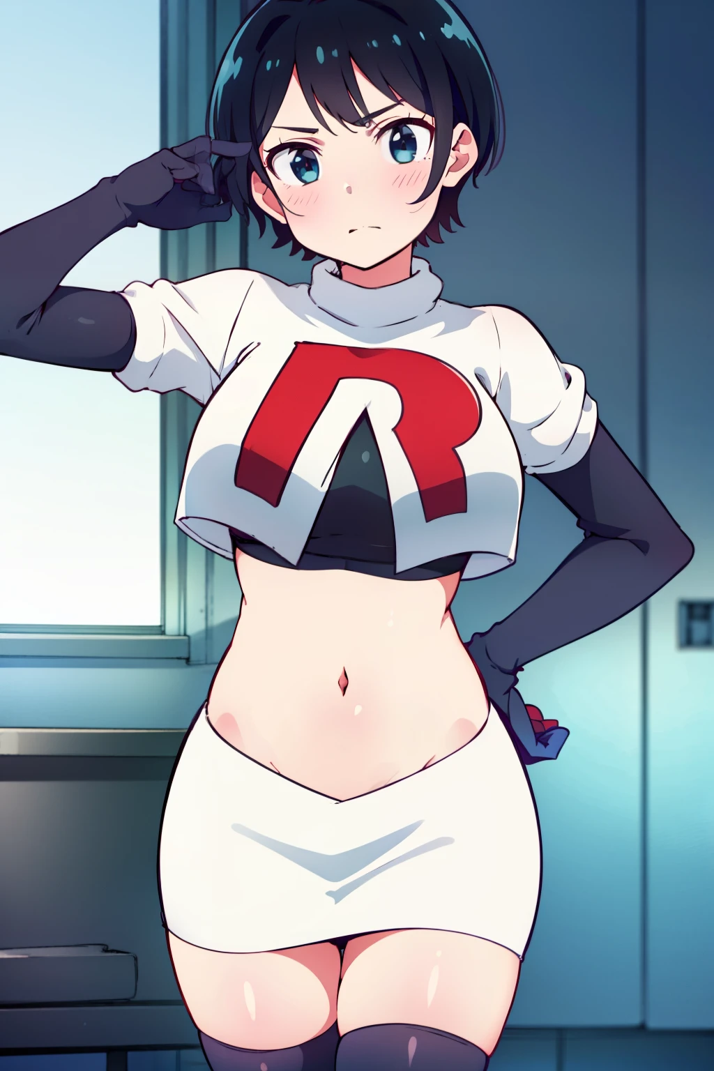 (masterpiece, best quality, ultra-detailed), 1girl, RukaSarashina, looking at viewer, team rocket,team rocket uniform,white skirt,red letter R,crop top,black thigh-highs,black elbow gloves