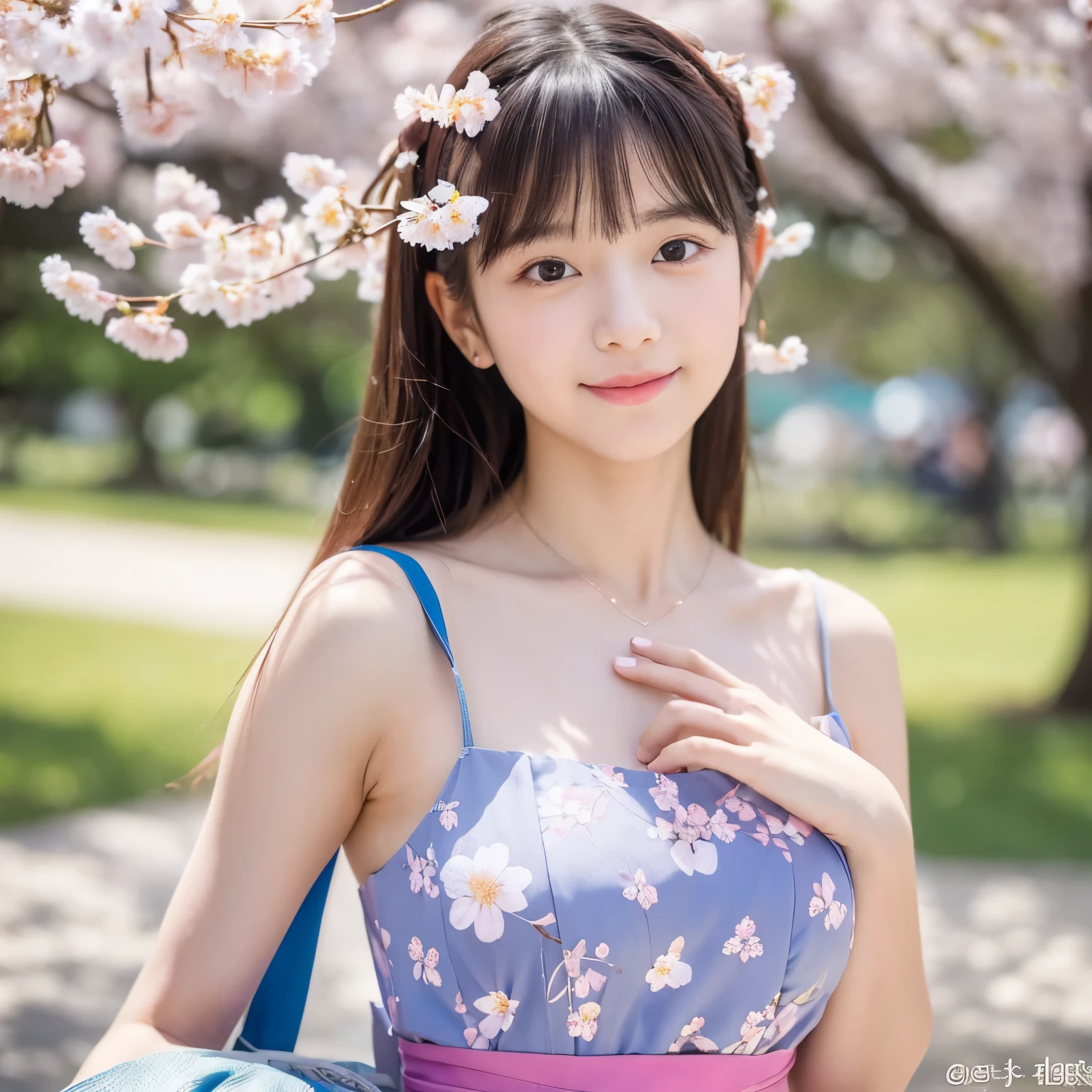 A short, naked 18-year-old girl with a cute face like an idol, who looks like she's , is standing next to her mother, who is 170cm tall and 34 years old, wearing a dress. A park with cherry blossoms Raw photo genuine live-action High definition