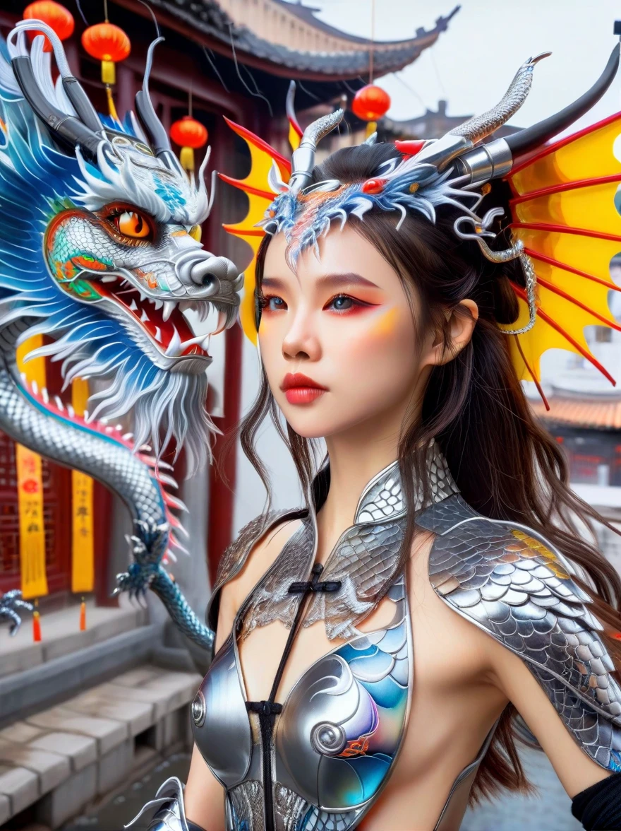 Works of Chinese style masters, shining, Traditional Chinese ink painting, willow branches, Wu Changshuo, 1 girl, small breasts, beautiful detailed eyes, beautiful detailed cyberpunk city, flat chest, beautiful detailed hair, wavy hair, beautiful detailed street, mecha clothes, robot girl, cool movement, silver bodysuit, (filigree), dragon wings, colorful background, a dragon stands behind the girl, rainy days, (lightning effect), beautiful detailed silver dragon armor, (cold face), composition, Dazzling colors, Stunning visual effects, otherworldly appearance, Fascinating artistry, eyes on the audience, high resolution, Super detailed, lifelike, illustration, first-person view, ((masterpiece)), best quality, anatomically correct, ccurate, 8k, best quality, 8K, masterpiece