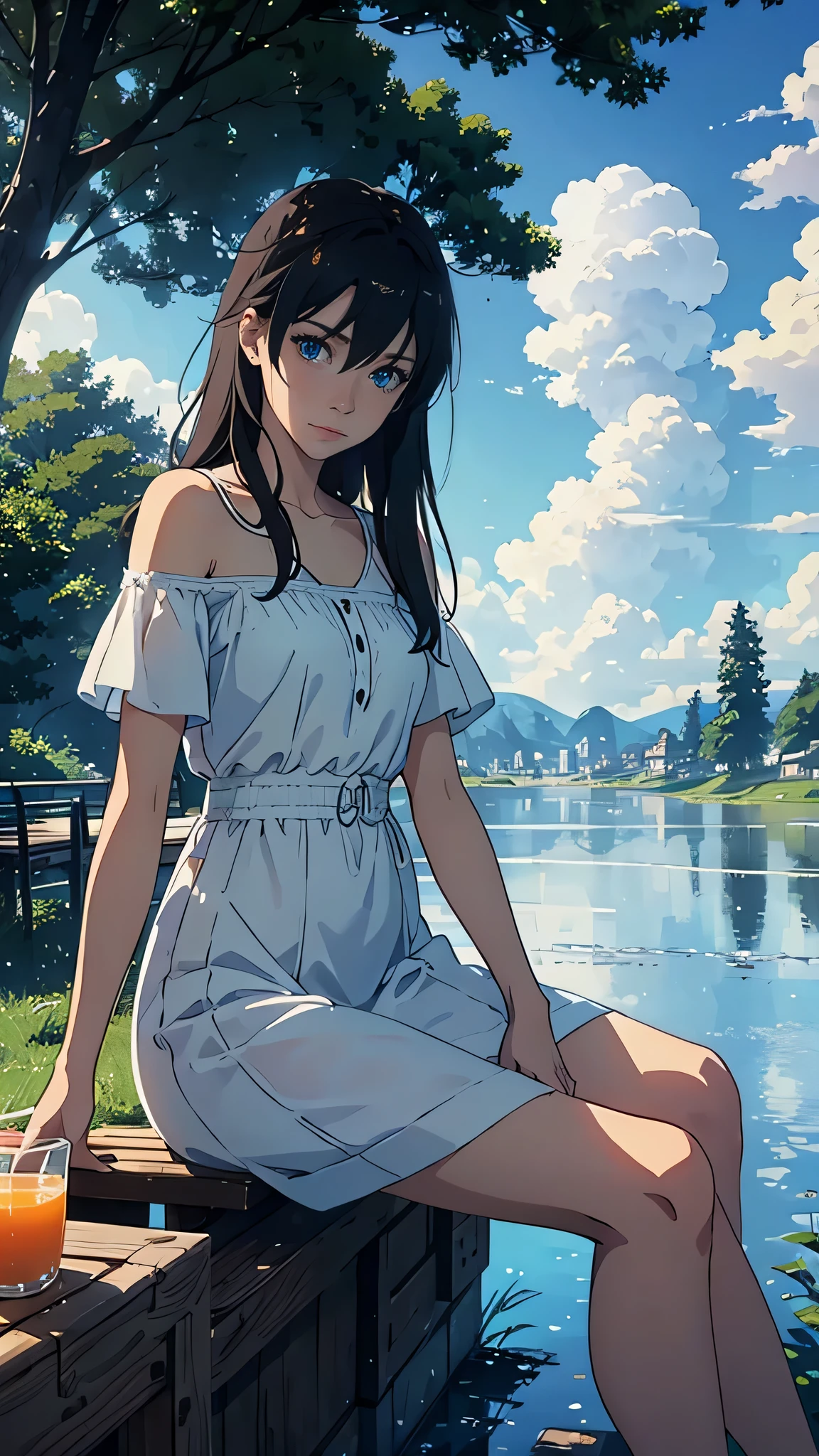 an extremely delicate and beautiful girl, detailed face depiction, long brown hair, blue eyes, white dress, sitting, drinking glass of orange juice, trees, no humans, clear blue sky, clouds, city, reflection, sky, building, water, daylight, summer, shadow, scenery, masterpiece, Cinematic Lighting, best quality, Illustration, photorealistic scenery,absurdres,Makoto Shinkai