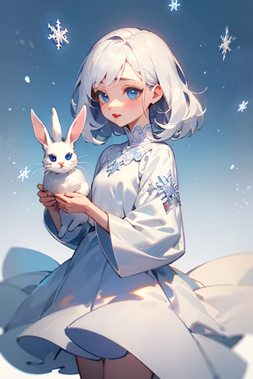 I want a  with cute appearance, rosy cheeks, white hair, red lips, a little with a white dress with snowflakes, blue eyes but also violet ones, holding a white rabbit