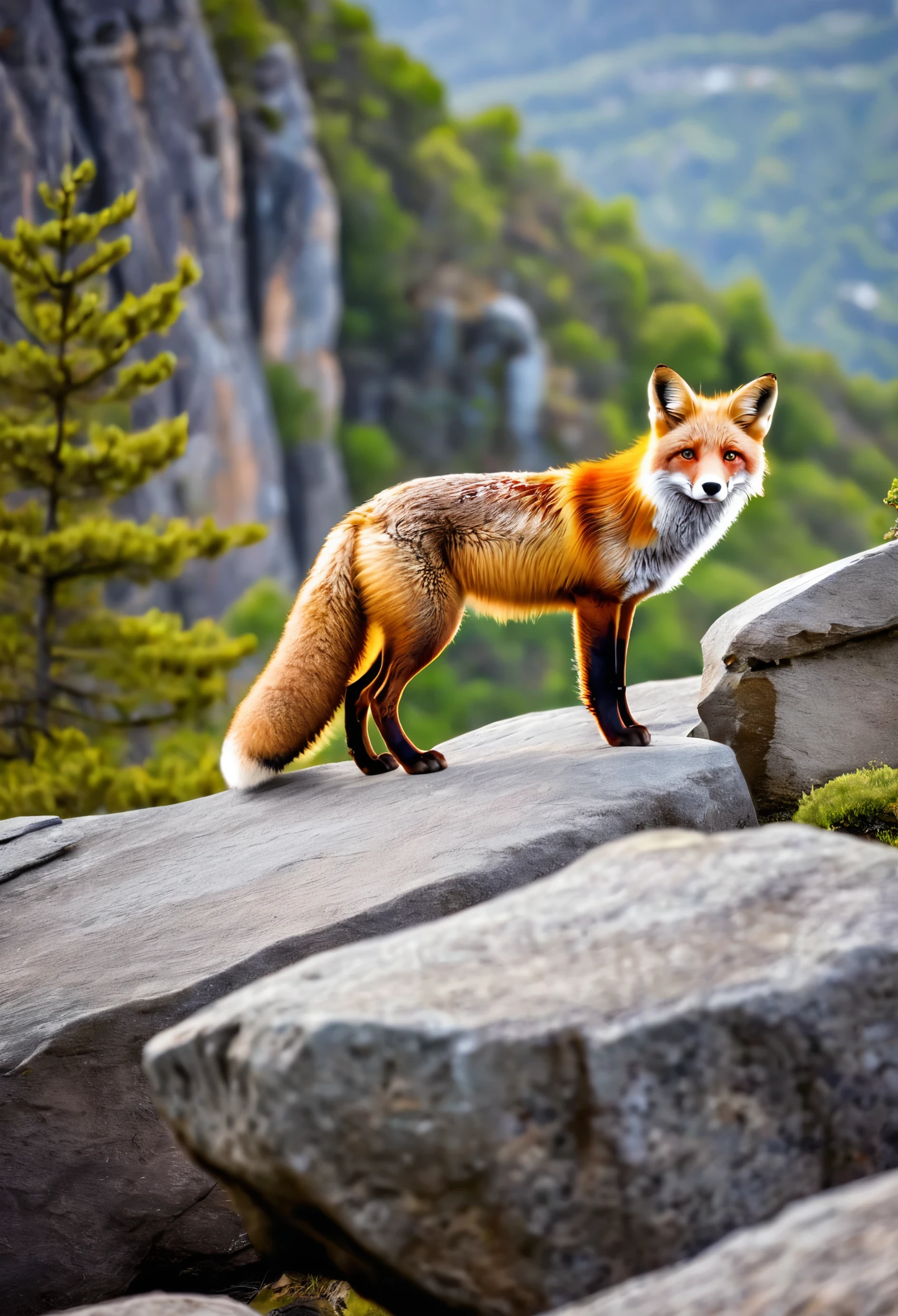 A red fox standing on a rock on the edge of a cliff looking into the distance,It has a red tail behind it.,Ultra clear details,,4k,8k