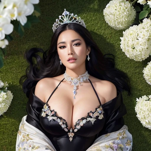 asian woman, lie on flowers garden, satisfaction, cowboy shots
Don a royal black gown with a high neckline.
Adorn a tiara or crown with intricate gemstones.
Full body, nikon d850, 85mm high angle shot , extreme details on eyes , extreme details on face , extreme details on hands and fingers. Big bulging breasts, cleavage