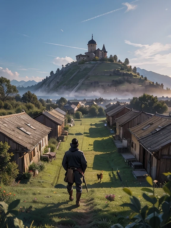 Cartoon style pictures ,(Europe),(Shoot from above),man,midnight,The overall color is black,farmer装束,rag,Brownish-gray, Ruined medieval village,Dome Western-style wooden house,farmland,river,torch,horse,farmer,Chicken and duck,sheep,ox,companion,Soldier,Laborde,agriculture,(hood,farmerhood,戴上hood,in the shadows,faceless,健壮的man, Strong, old),dynamic poses, ((Turn your back to the camera,look into the distance,not looking at camera)),