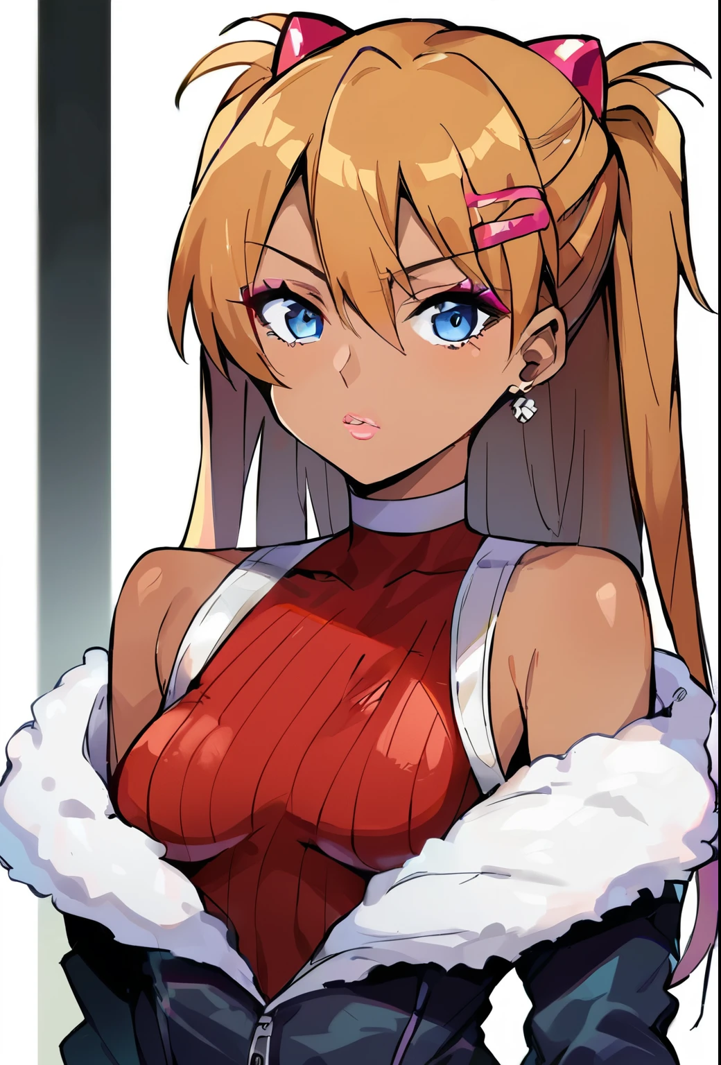 Score_9, score_8_up, score_7_up, score_6_up,  gyaru, source_anime, 1girl, solo, white background,  brick wall backdrop, upper body, looking at viewer, BREAK, earrings, BREAK, thin pink lips, tanned skin, pink makeup,  ribbed sweater, fur trim, bare shoulders, off shoulder, white choker, hairclip, souryuu_asuka_langley, plugsuit, bodysuit, interface headset, red bodysuit, hair between eyes, pilot suit