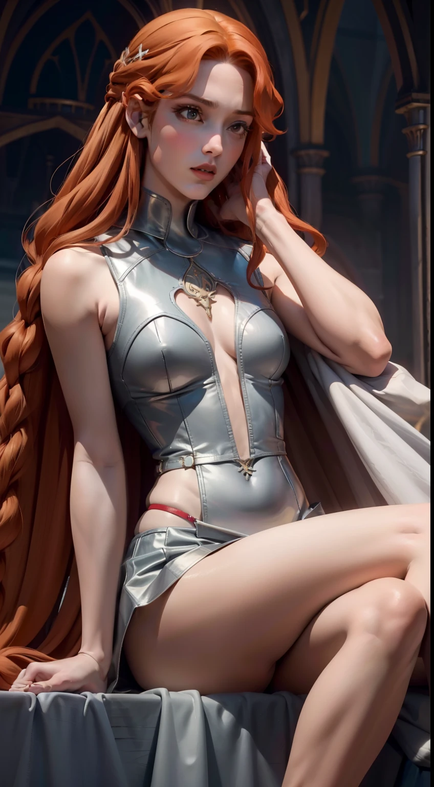 ((foto de corpo inteiro)), ((foto realista)), 1 girl, (colete: 1.2), 8k, high-res, pele finamente detalhada, lingerie, seios enormes, lenore from castlevania, vampire, red hair, skirt, sitting, toned legs, heels, dominant, low angle, upskirt, athletic, skinny, toned, smaller body, thin waist, from below, crossed legs, highly detailed realisticly proportioned legs, toned legs